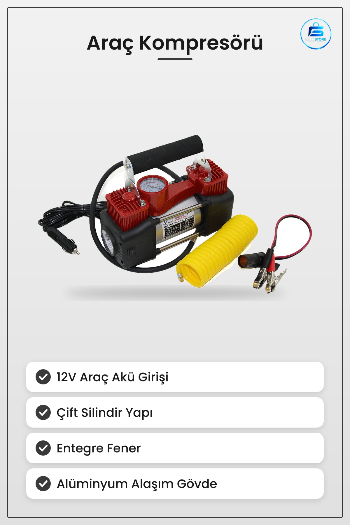 Araç Kompresörü 12V Çift Silindir 150 PSI Fenerli Bar Göstergeli Oto Lastik Şışirme Motosiklet