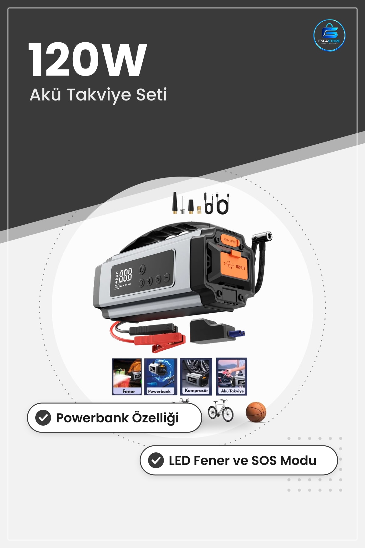 Akü Şarj Cihazı Araç Takviye Seti 120W Taşınabilir Powerbank Fener Kompresörlü Oto Acil