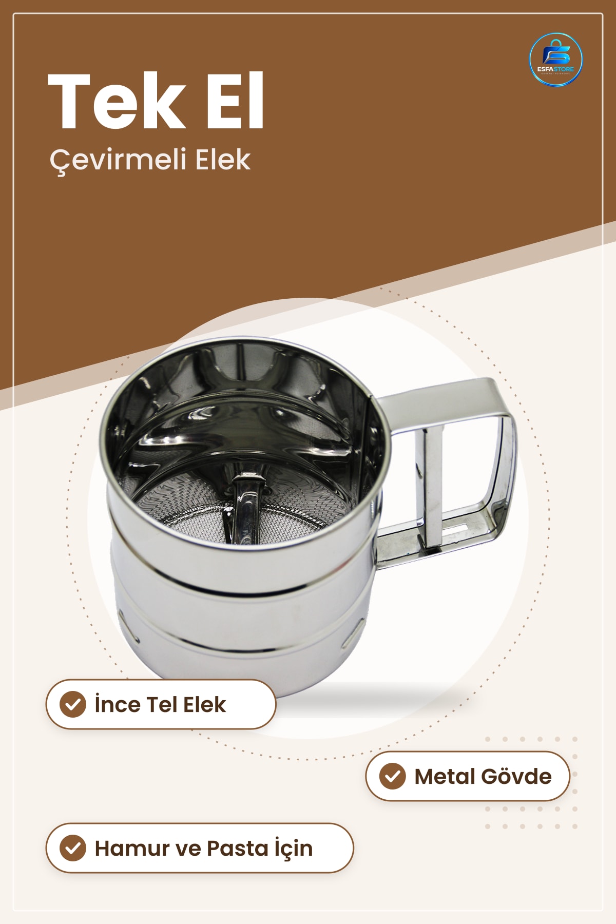 Un Eleği Pratik Çevirmeli Metal Elek Hamur Pasta ve Börek İçin İnce Tel Mutfak Aleti