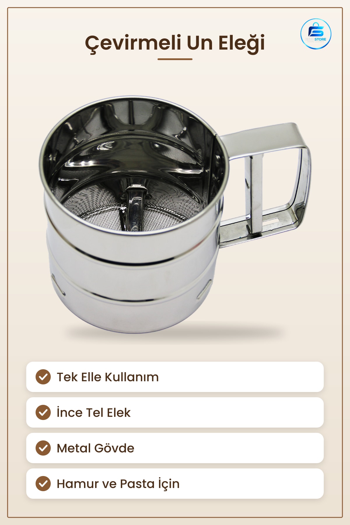 Un Eleği Pratik Çevirmeli Metal Elek Hamur Pasta ve Börek İçin İnce Tel Mutfak Aleti