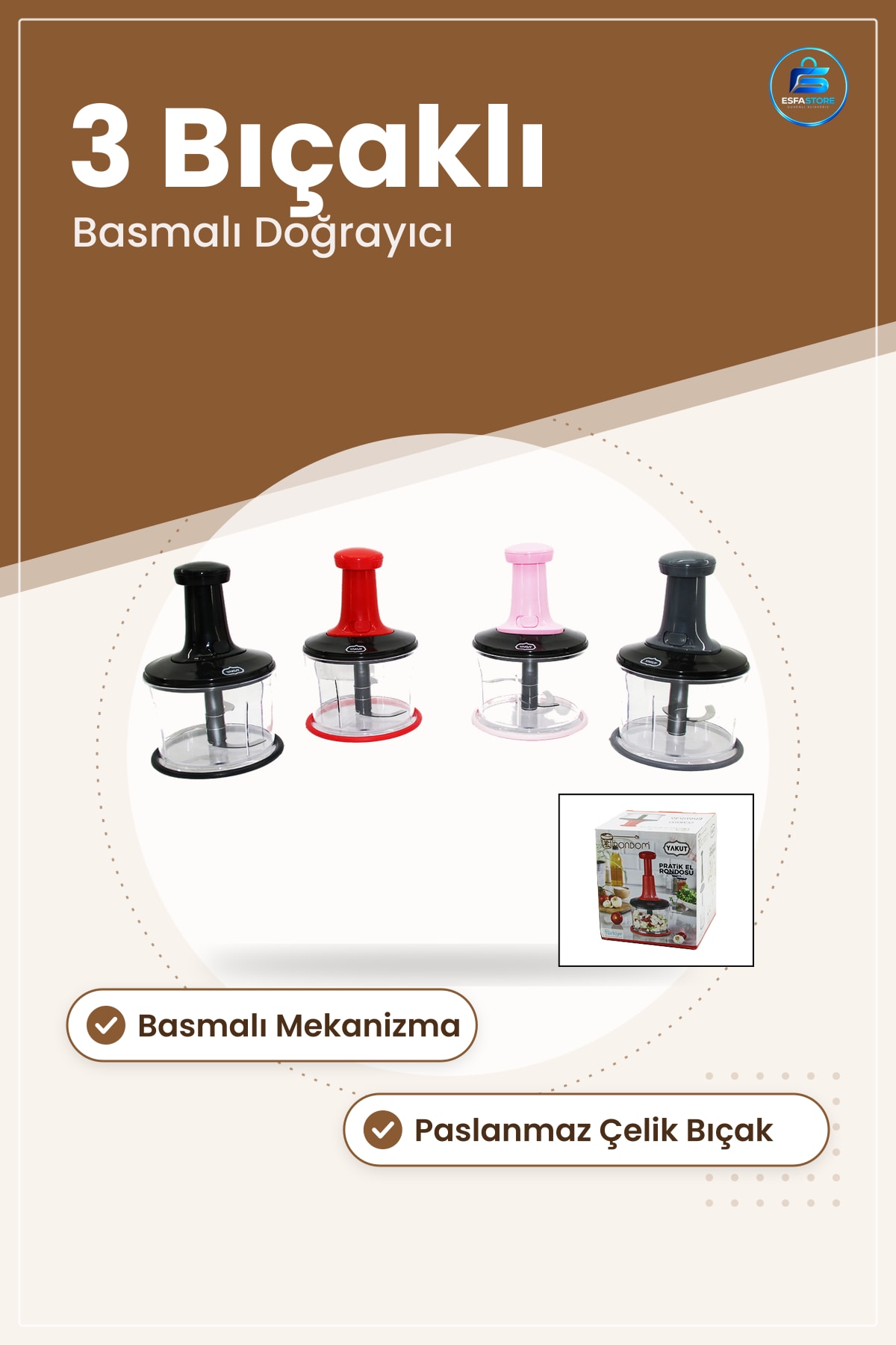 El Rondosu Doğrayıcı 3 Bıçaklı Basmalı Manuel Sebze Meyve Salata Sos Baharat Mutfak Pratik