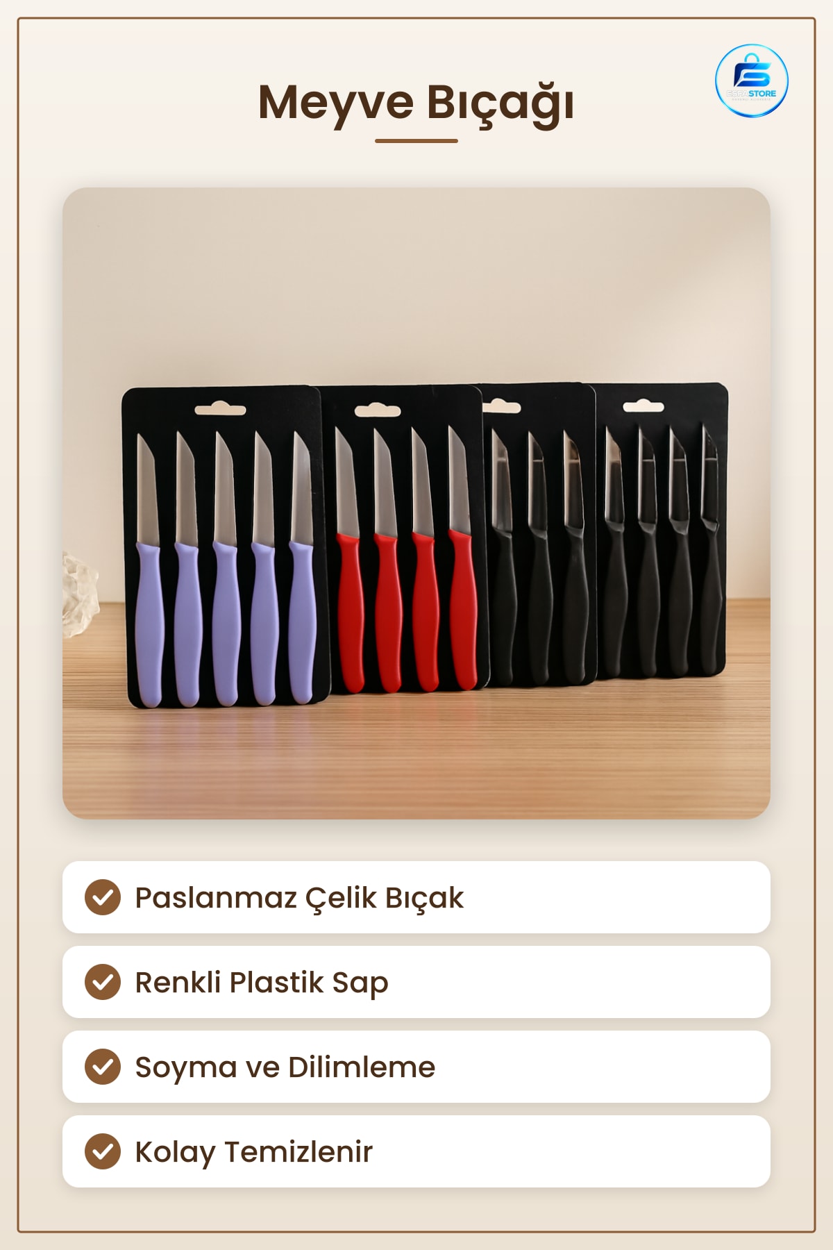 Meyve Bıçağı Paslanmaz Çelik Renkli Saplı Ev Mutfak Soyma Kesme Dilimleme Doğrama Salata Sebze