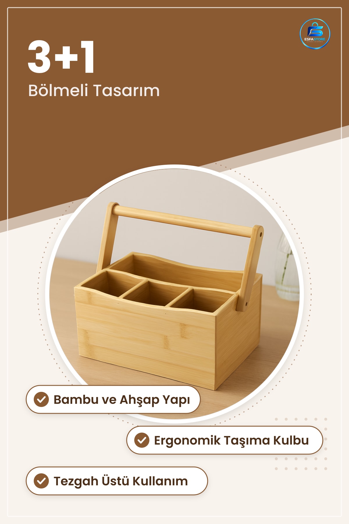 Kaşıklık 3+1 Bölmeli Bambu Taşıma Kulplu Tezgah Üstü Mutfak Düzenleyici Çatal Bıçak Saklama
