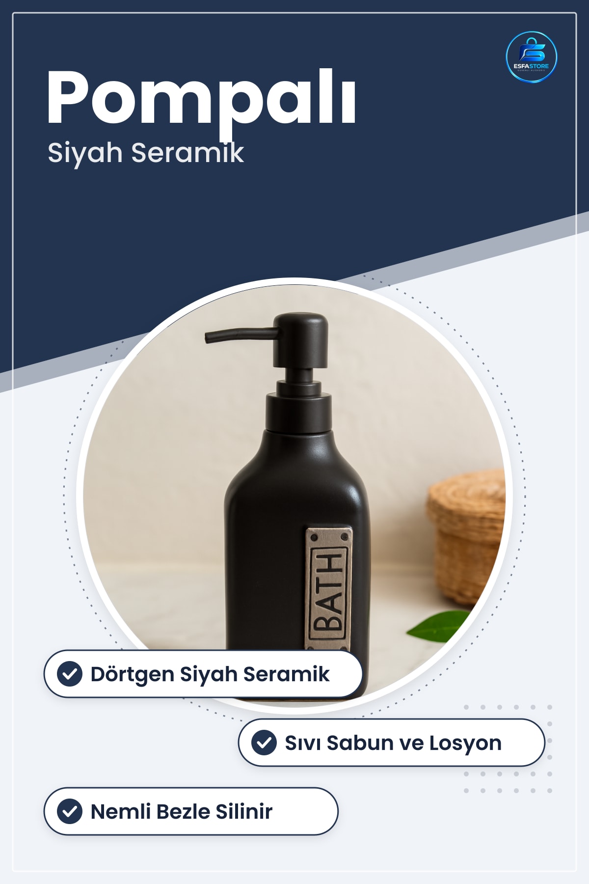 Dörtgen Siyah Seramik Sıvı Sabunluk Banyo Lavabo Mutfak Tezgâh Üstü Pompalı Dispenser