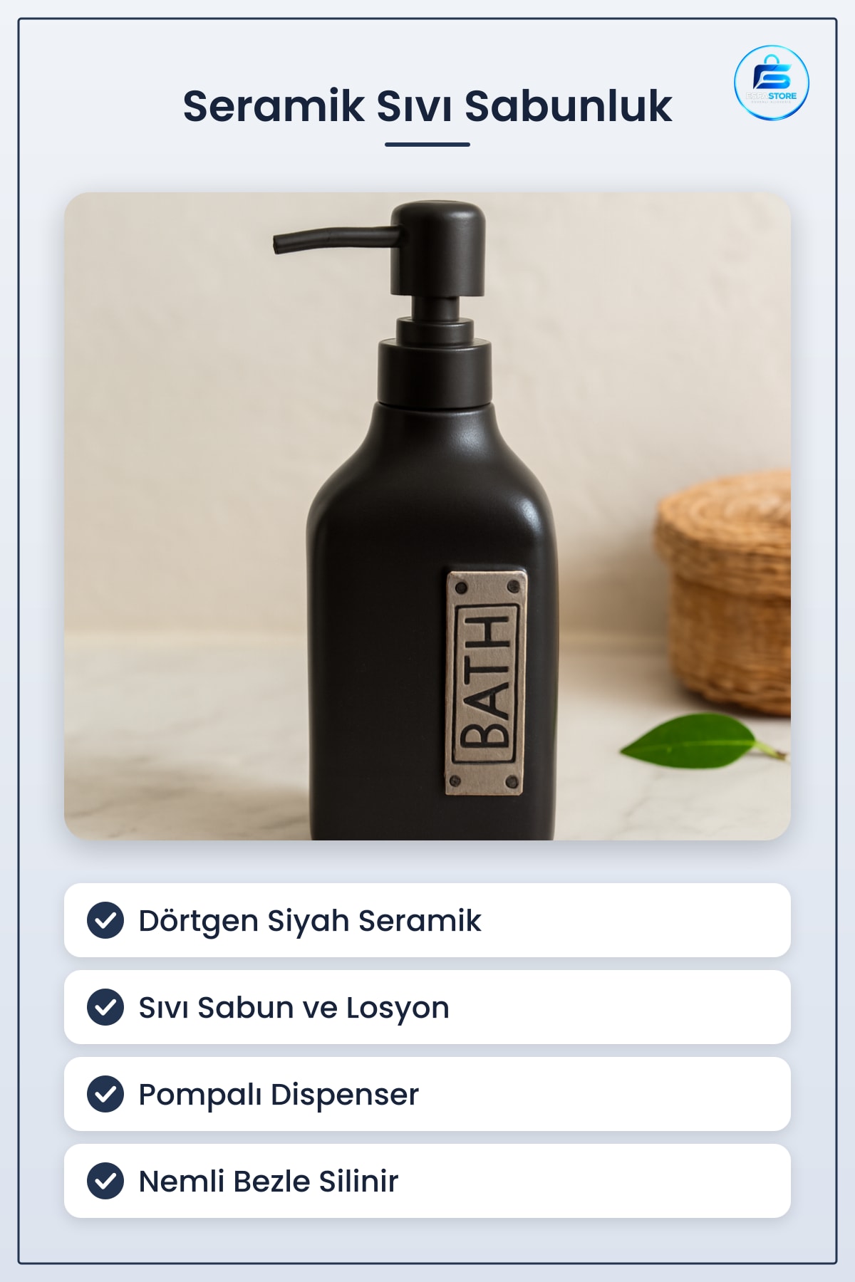 Dörtgen Siyah Seramik Sıvı Sabunluk Banyo Lavabo Mutfak Tezgâh Üstü Pompalı Dispenser