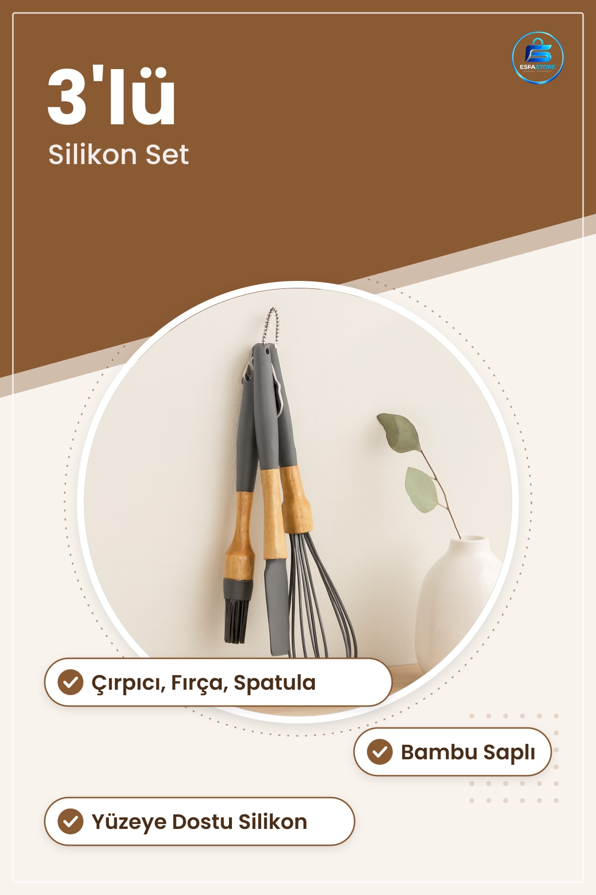 Silikon Çırpıcı Fırça ve Spatula Ahşap Bambu Saplı Yüzeye Dostu Mutfak Yemek Hazırlık Aracı Seti