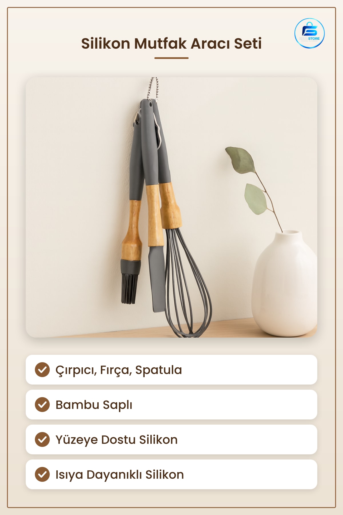 Silikon Çırpıcı Fırça ve Spatula Ahşap Bambu Saplı Yüzeye Dostu Mutfak Yemek Hazırlık Aracı Seti
