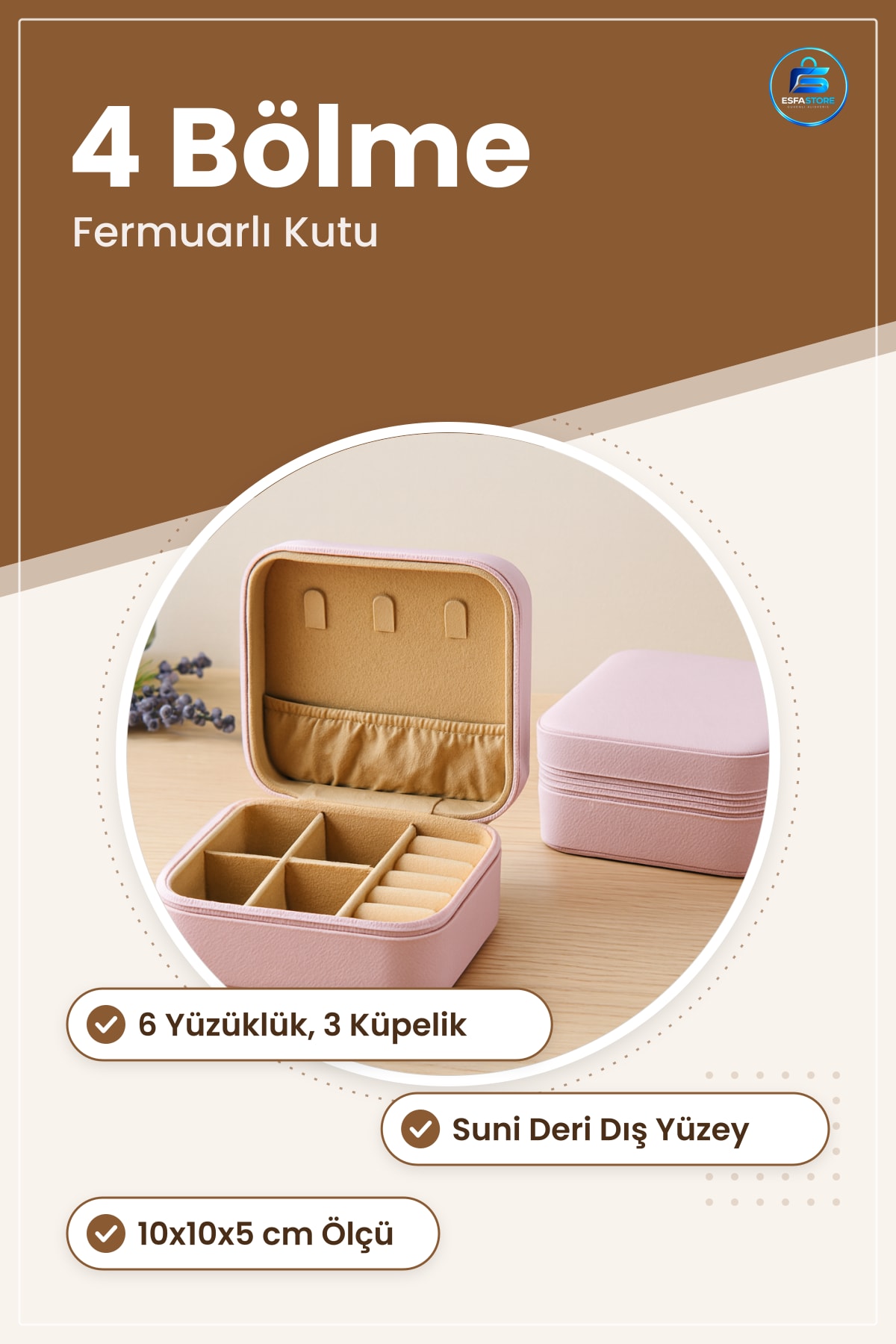 Takı Organizeri Mini Fermuarlı Kutu 10x10x5 cm Suni Deri 4 Bölmeli Seyahat Yüzük Küpe Kolye