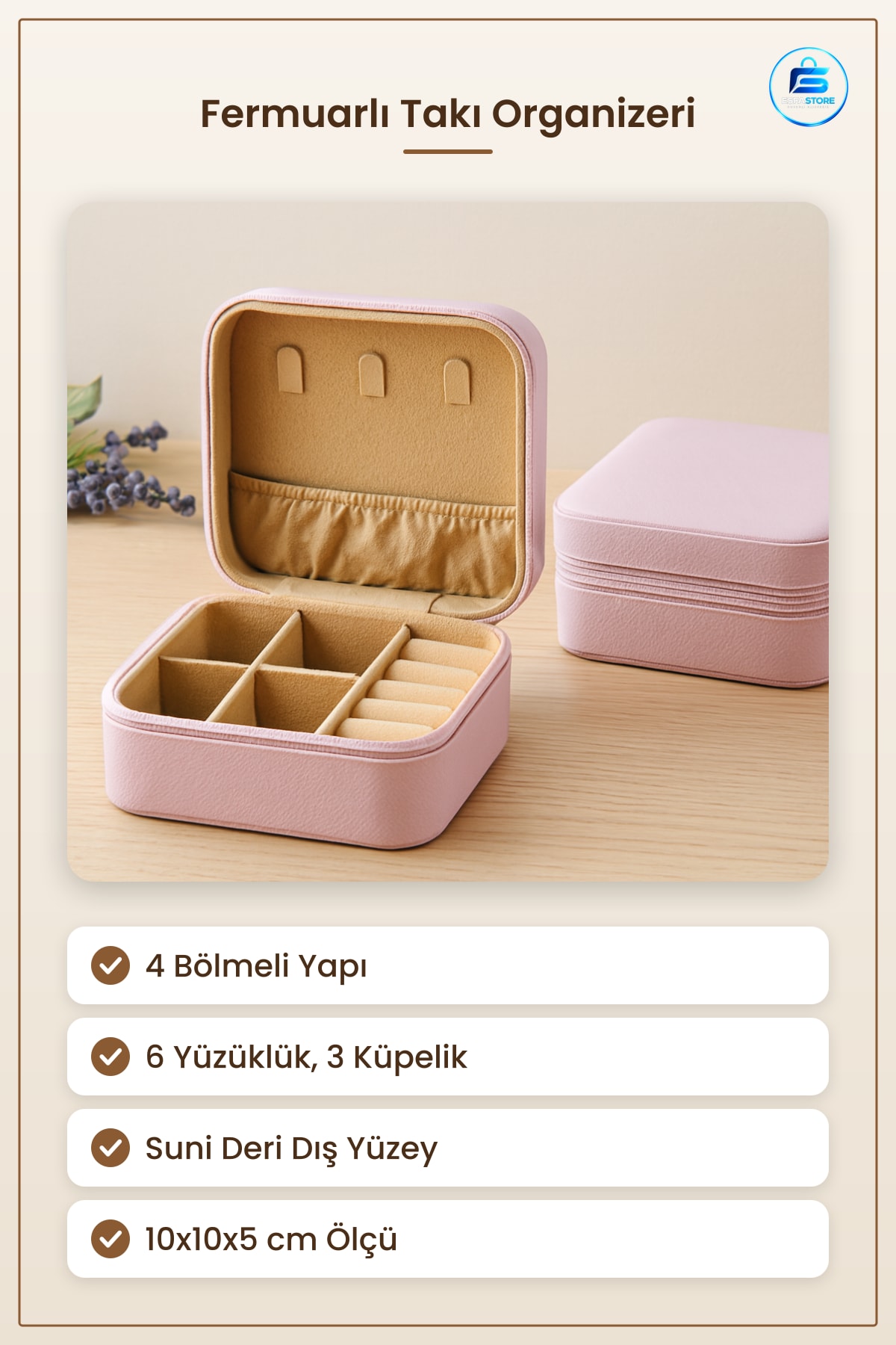 Takı Organizeri Mini Fermuarlı Kutu 10x10x5 cm Suni Deri 4 Bölmeli Seyahat Yüzük Küpe Kolye
