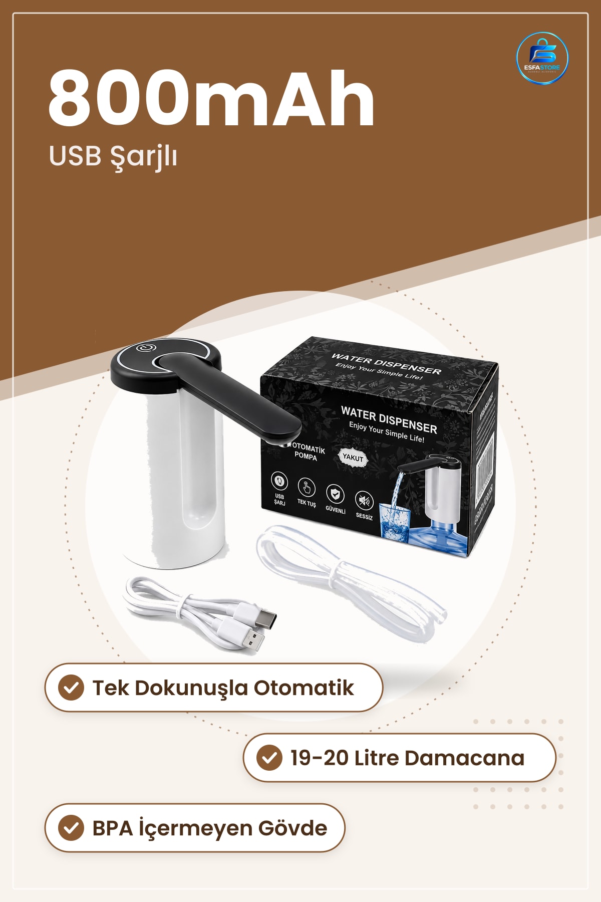 Damacana Pompası USB Şarjlı Otomatik 800mAh Taşınabilir Elektrikli Su Dağıtıcı Ofis Piknik
