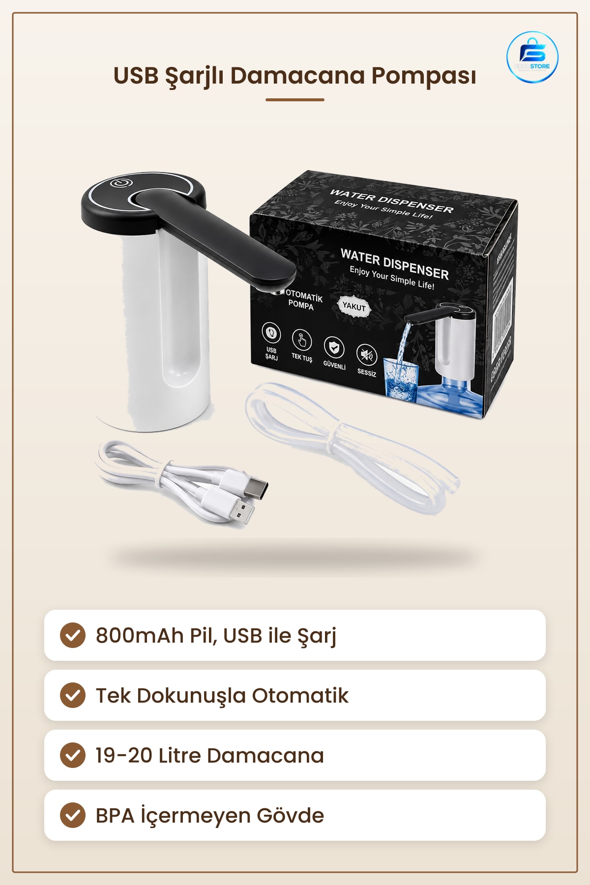 Damacana Pompası USB Şarjlı Otomatik 800mAh Taşınabilir Elektrikli Su Dağıtıcı Ofis Piknik