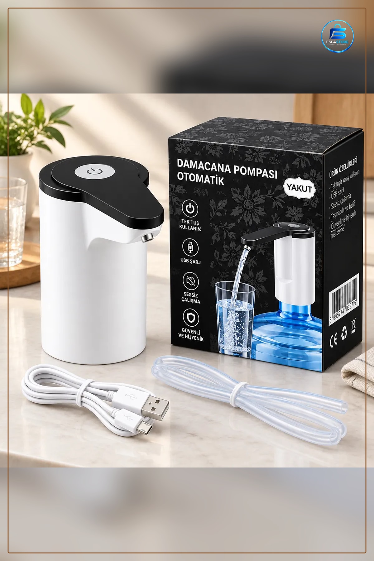 USB Şarjlı Otomatik Damacana Pompası 19 Litre Uyumlu Taşınabilir Tek Tuşla Mutfak Ofis Kamp