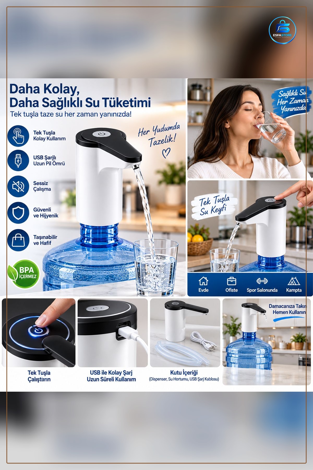 USB Şarjlı Otomatik Damacana Pompası 19 Litre Uyumlu Taşınabilir Tek Tuşla Mutfak Ofis Kamp