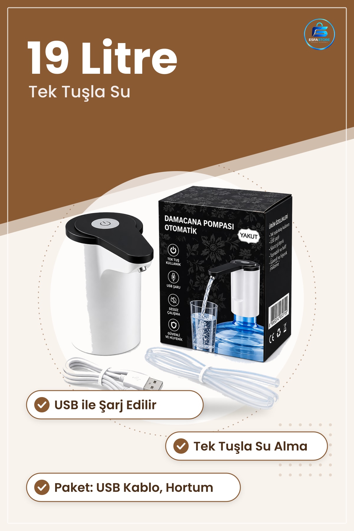 USB Şarjlı Otomatik Damacana Pompası 19 Litre Uyumlu Taşınabilir Tek Tuşla Mutfak Ofis Kamp
