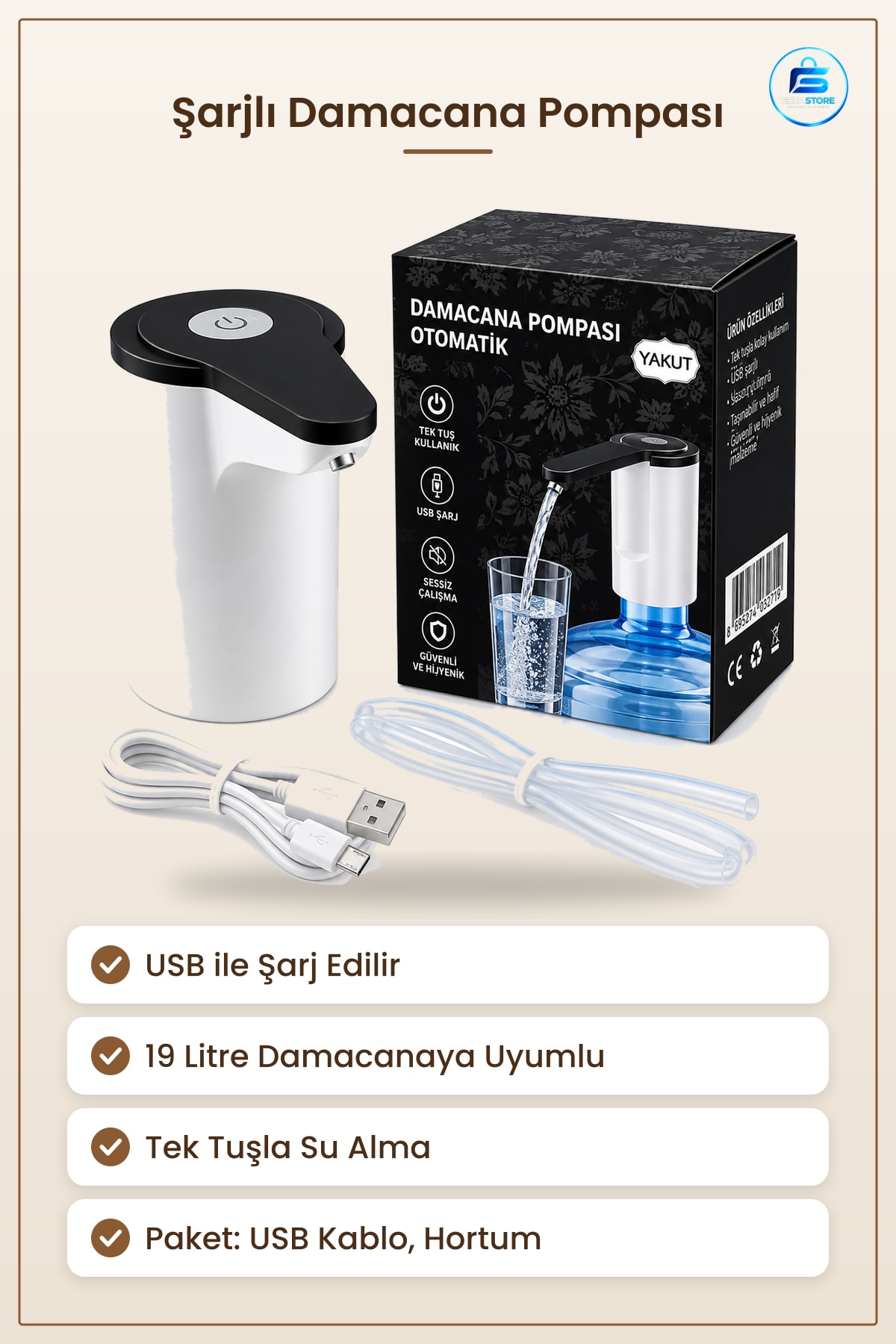 USB Şarjlı Otomatik Damacana Pompası 19 Litre Uyumlu Taşınabilir Tek Tuşla Mutfak Ofis Kamp