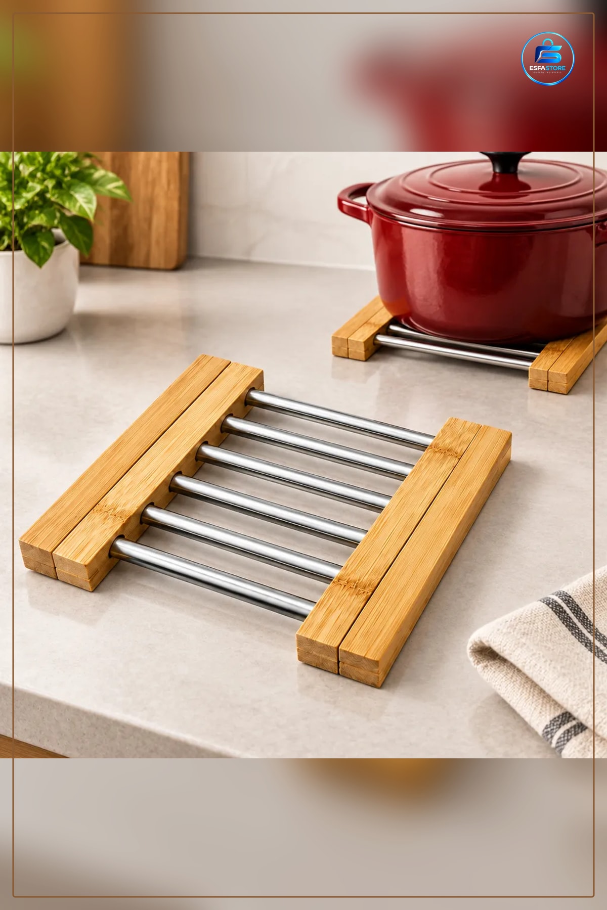Nihale Ayarlanabilir Bambu Ayaklı Metal ila 34 cm Mutfak Sıcak Tencere Tava Altlığı Sofra