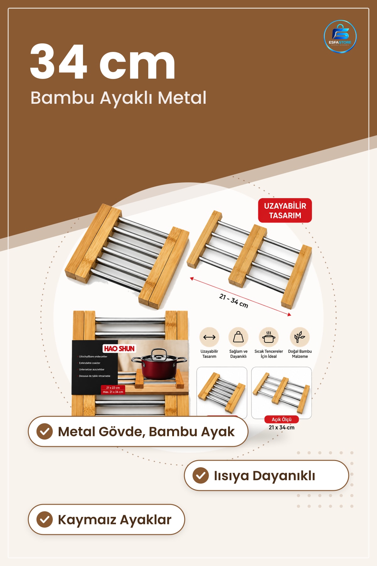 Nihale Ayarlanabilir Bambu Ayaklı Metal ila 34 cm Mutfak Sıcak Tencere Tava Altlığı Sofra