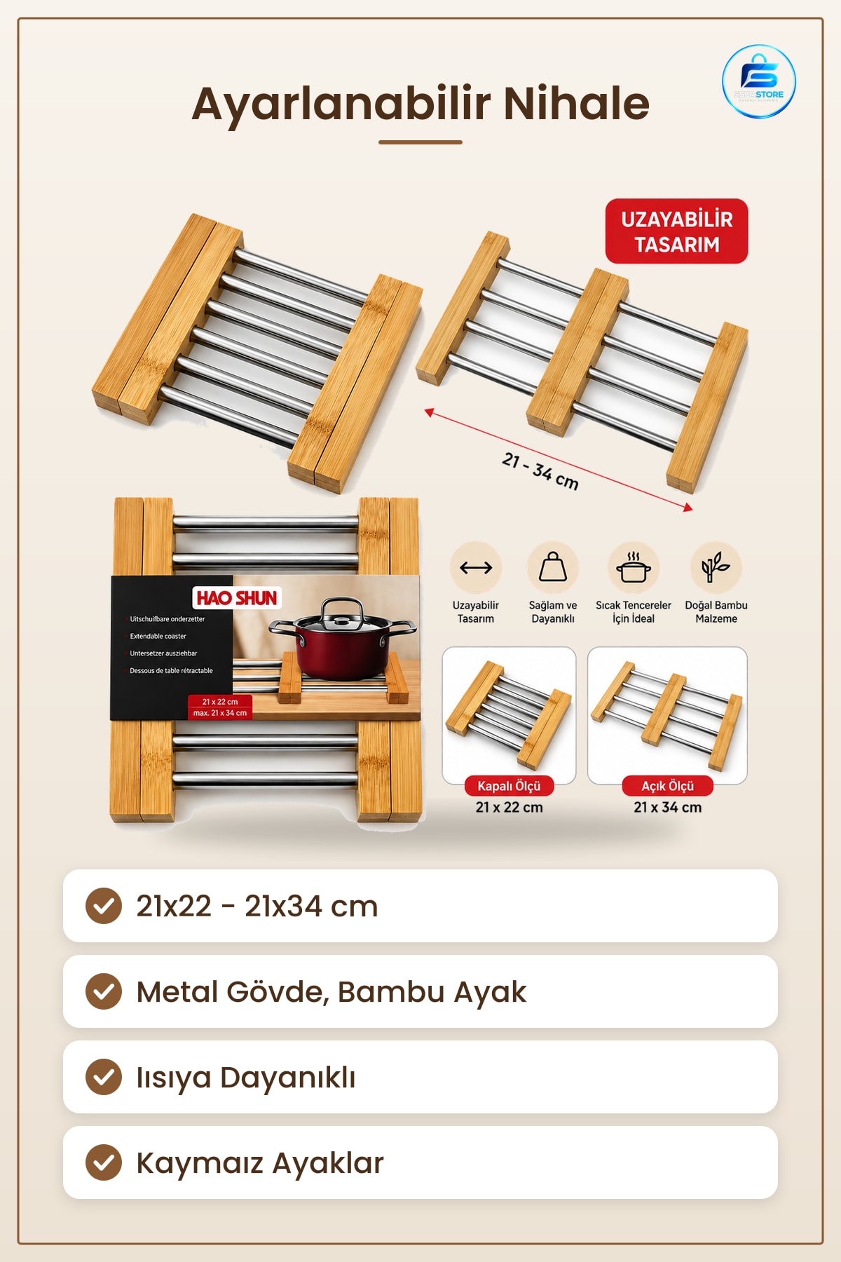 Nihale Ayarlanabilir Bambu Ayaklı Metal ila 34 cm Mutfak Sıcak Tencere Tava Altlığı Sofra