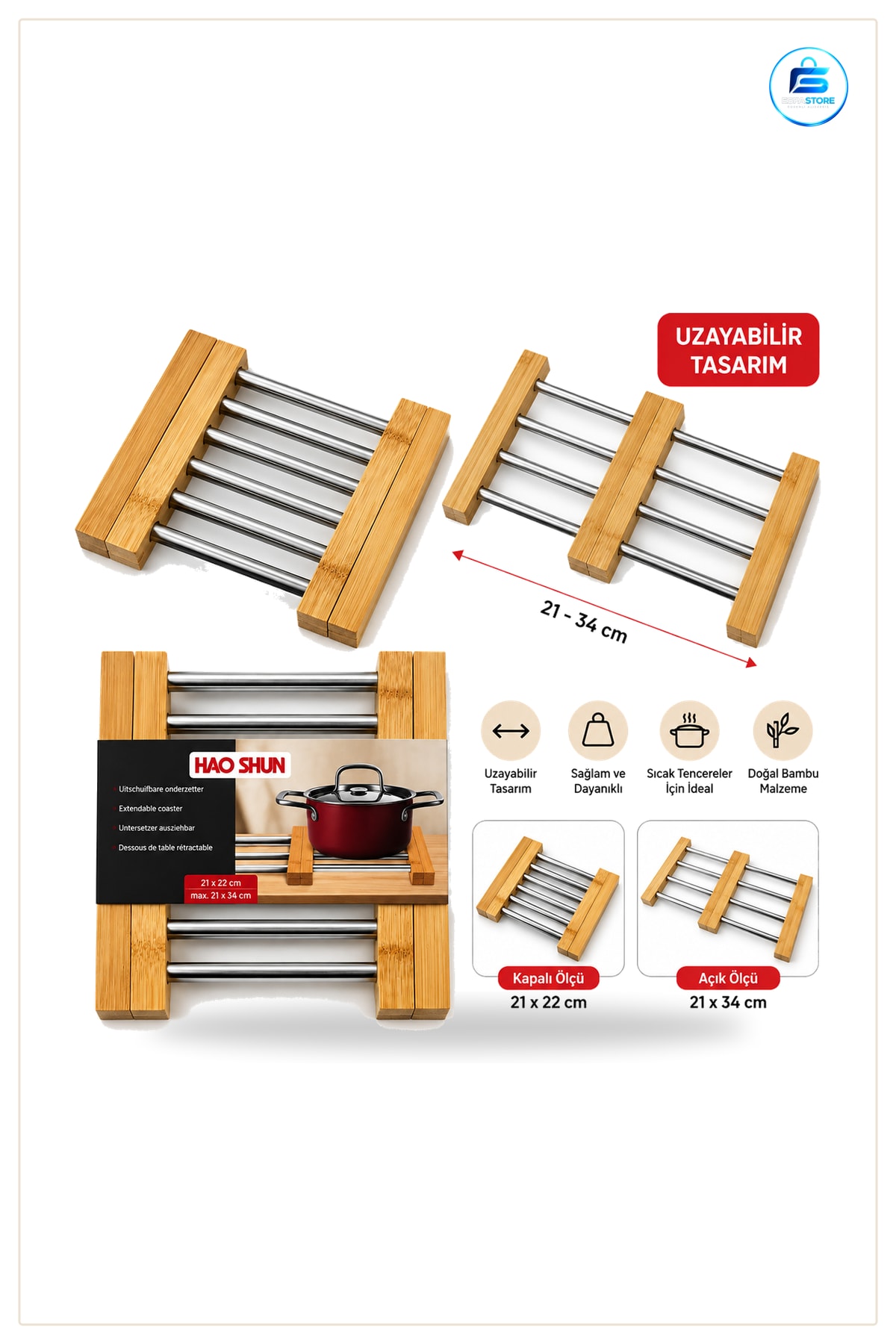 Nihale Ayarlanabilir Bambu Ayaklı Metal ila 34 cm Mutfak Sıcak Tencere Tava Altlığı Sofra