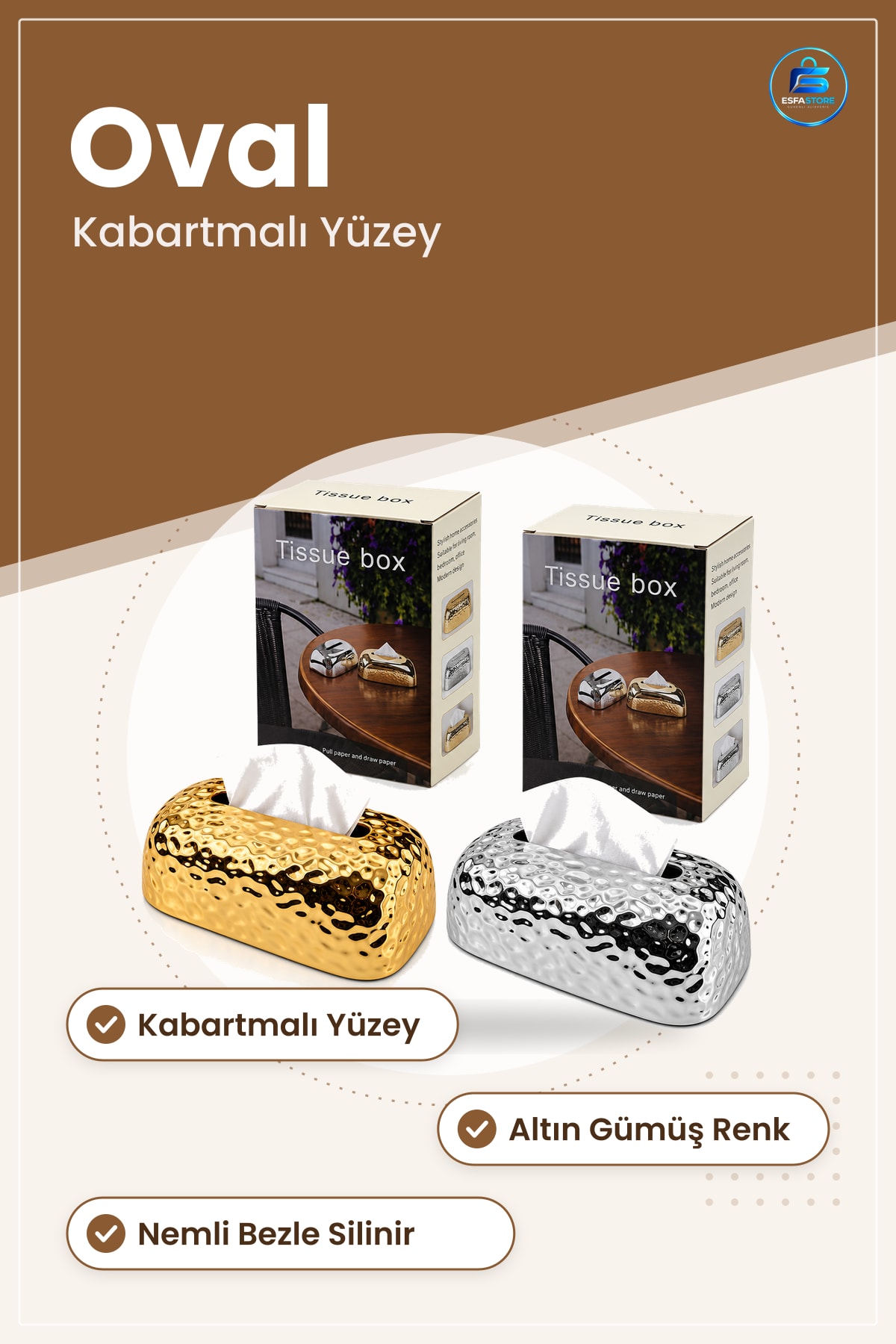 Dekoratif Obje Kabartmalı Oval Peçetelik Masa Üstü Peçete Kutusu Altın Gümüş Renk Ev Dekor