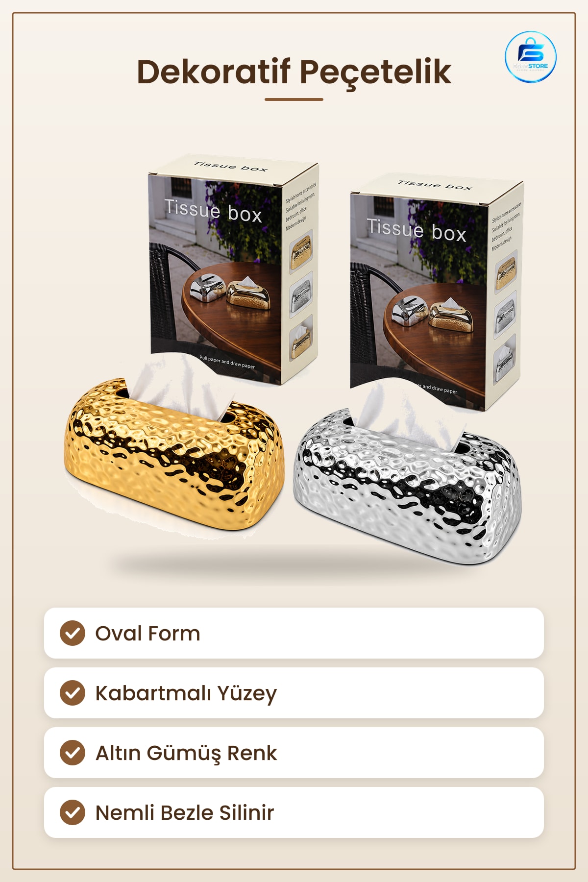 Dekoratif Obje Kabartmalı Oval Peçetelik Masa Üstü Peçete Kutusu Altın Gümüş Renk Ev Dekor