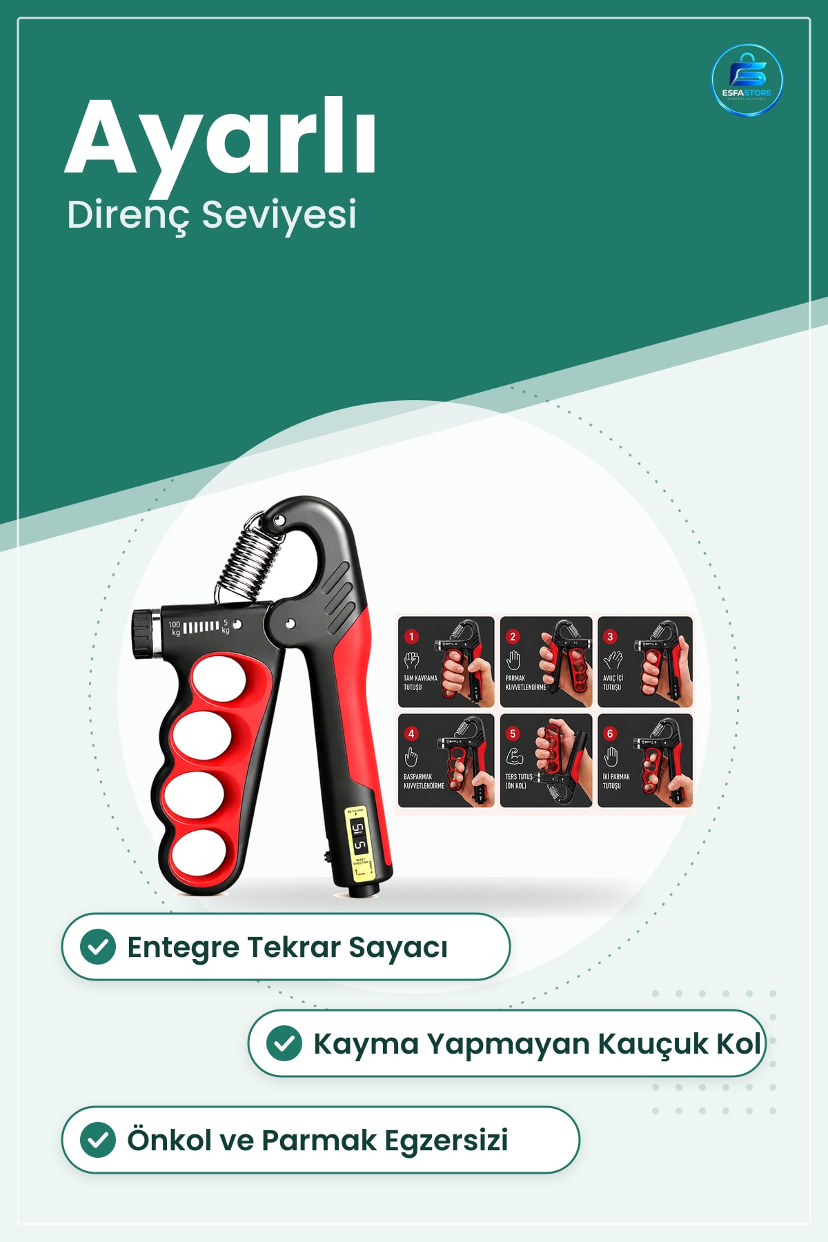 El Yayı Ayarlı Sayaçlı Kavrama Güçlendirici Parmak Önkol Egzersiz Aleti Direnç Seviyeli Fitness