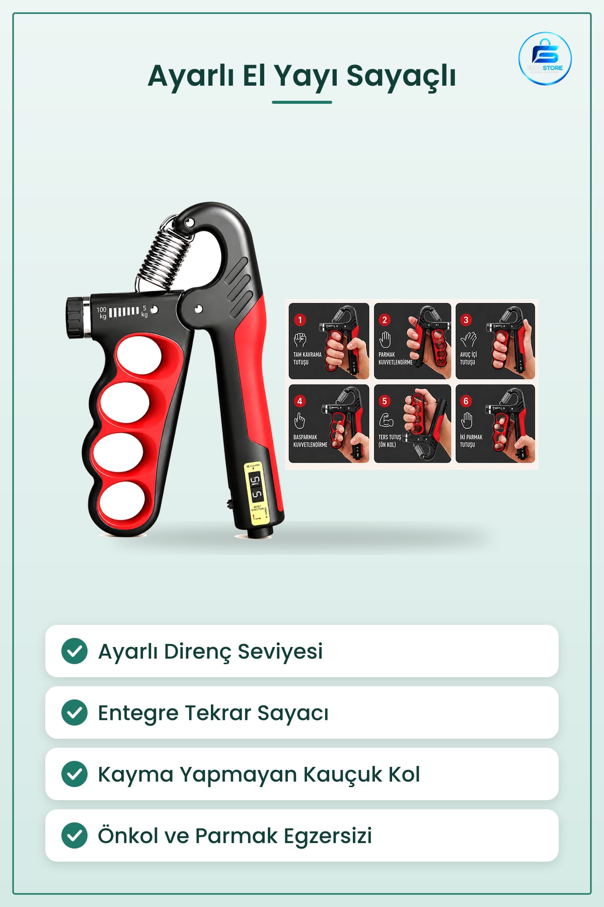 El Yayı Ayarlı Sayaçlı Kavrama Güçlendirici Parmak Önkol Egzersiz Aleti Direnç Seviyeli Fitness