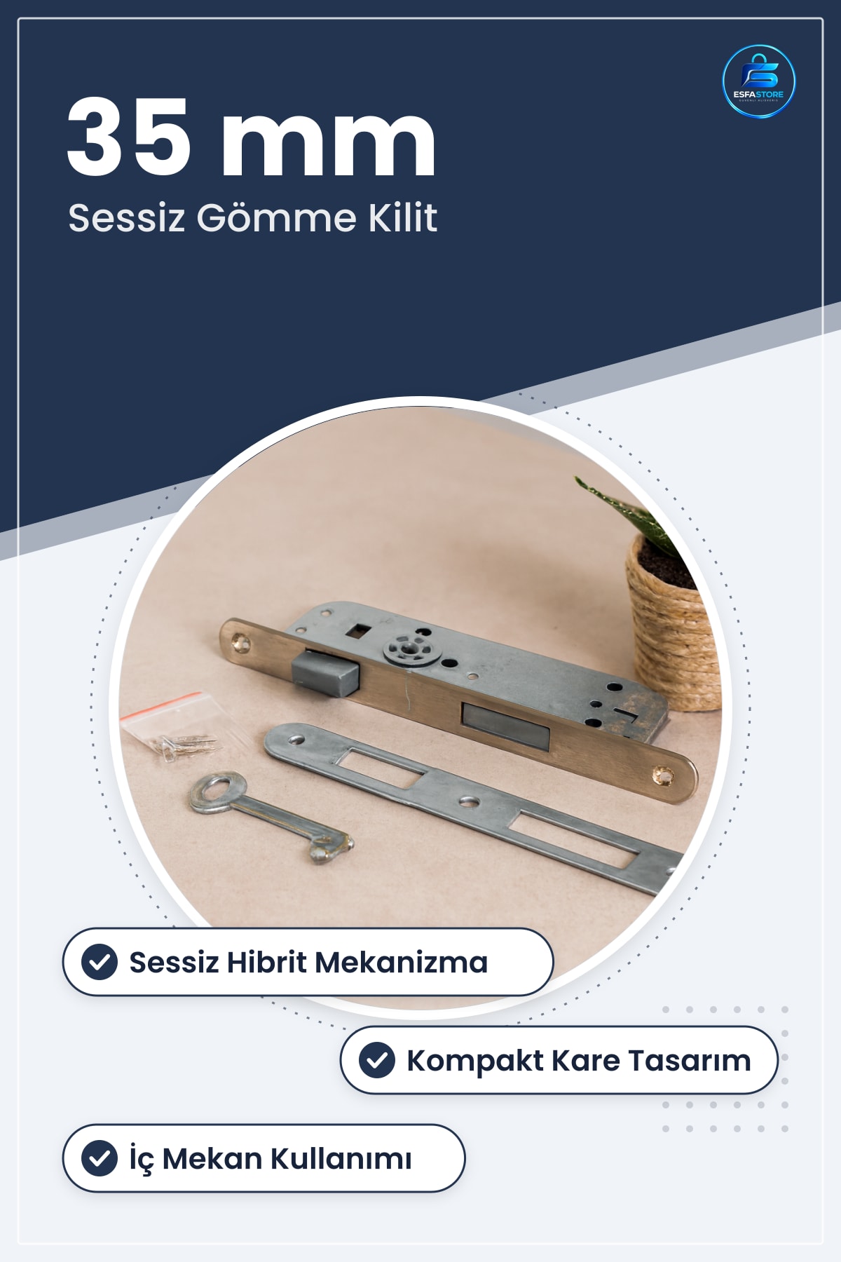 Kare Gömme Oda Kilidi Sessiz Hibrit Mekanizma 35 mm İç Kapı Yatak Banyo Ofis Kompakt