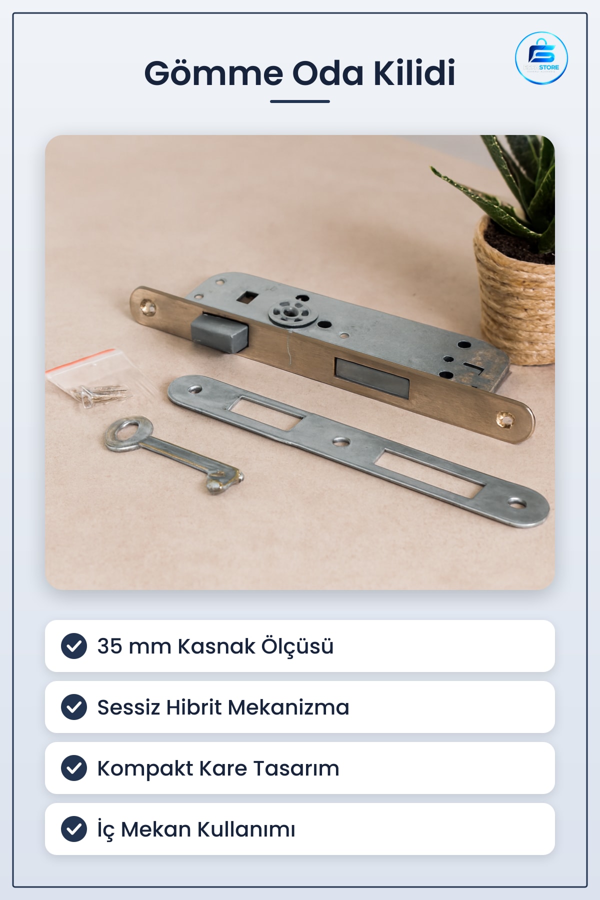Kare Gömme Oda Kilidi Sessiz Hibrit Mekanizma 35 mm İç Kapı Yatak Banyo Ofis Kompakt