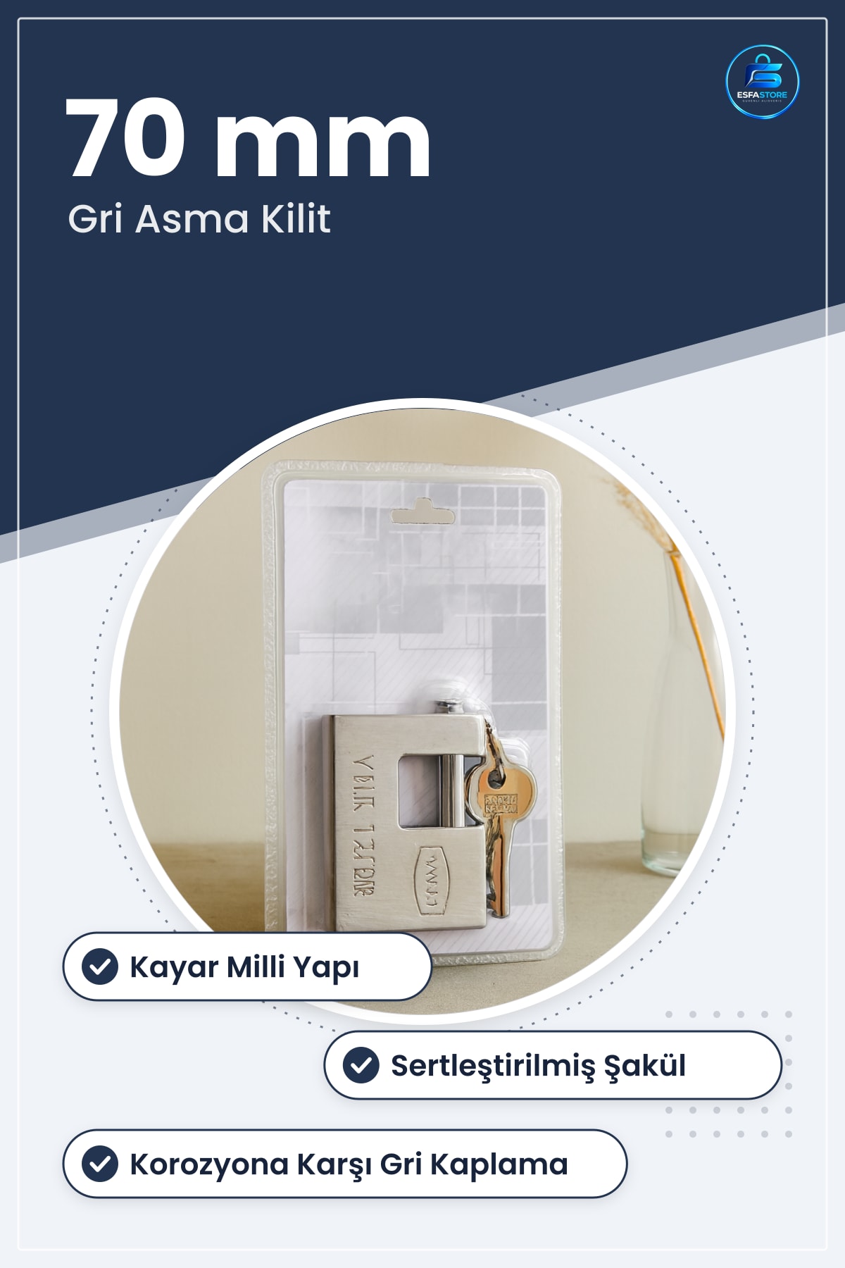Asma Kilit 70 mm Gri Kayar Milli Çelik Gövdeli Sertleştirilmiş Şakül Dış Mekan Güvenlik Kilidi