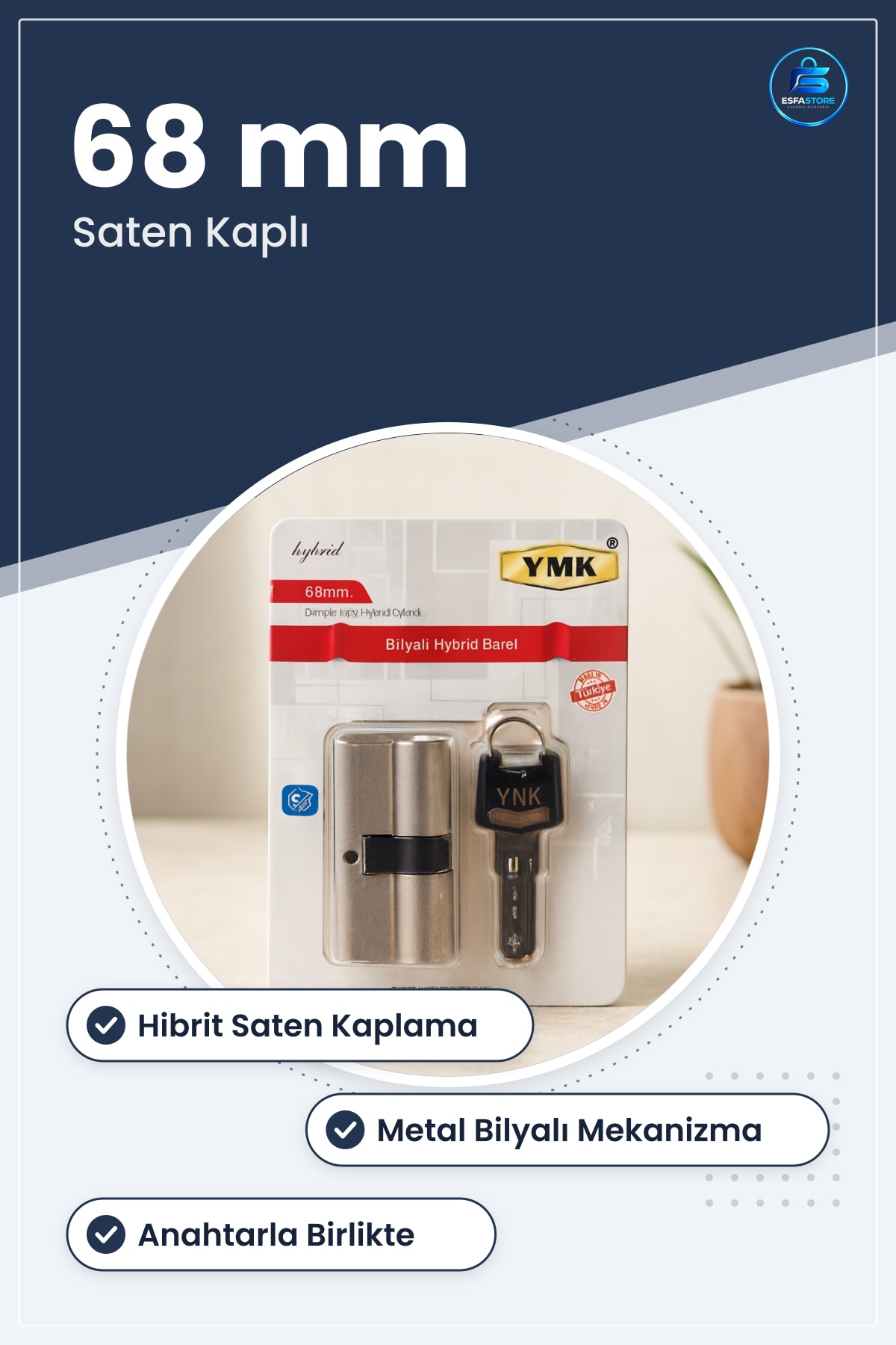 Bilyalı Hibrit Barel 68mm Kapı Hırdavatı Saten Kilit Silindiri Anahtarlı Ev Kullanımı