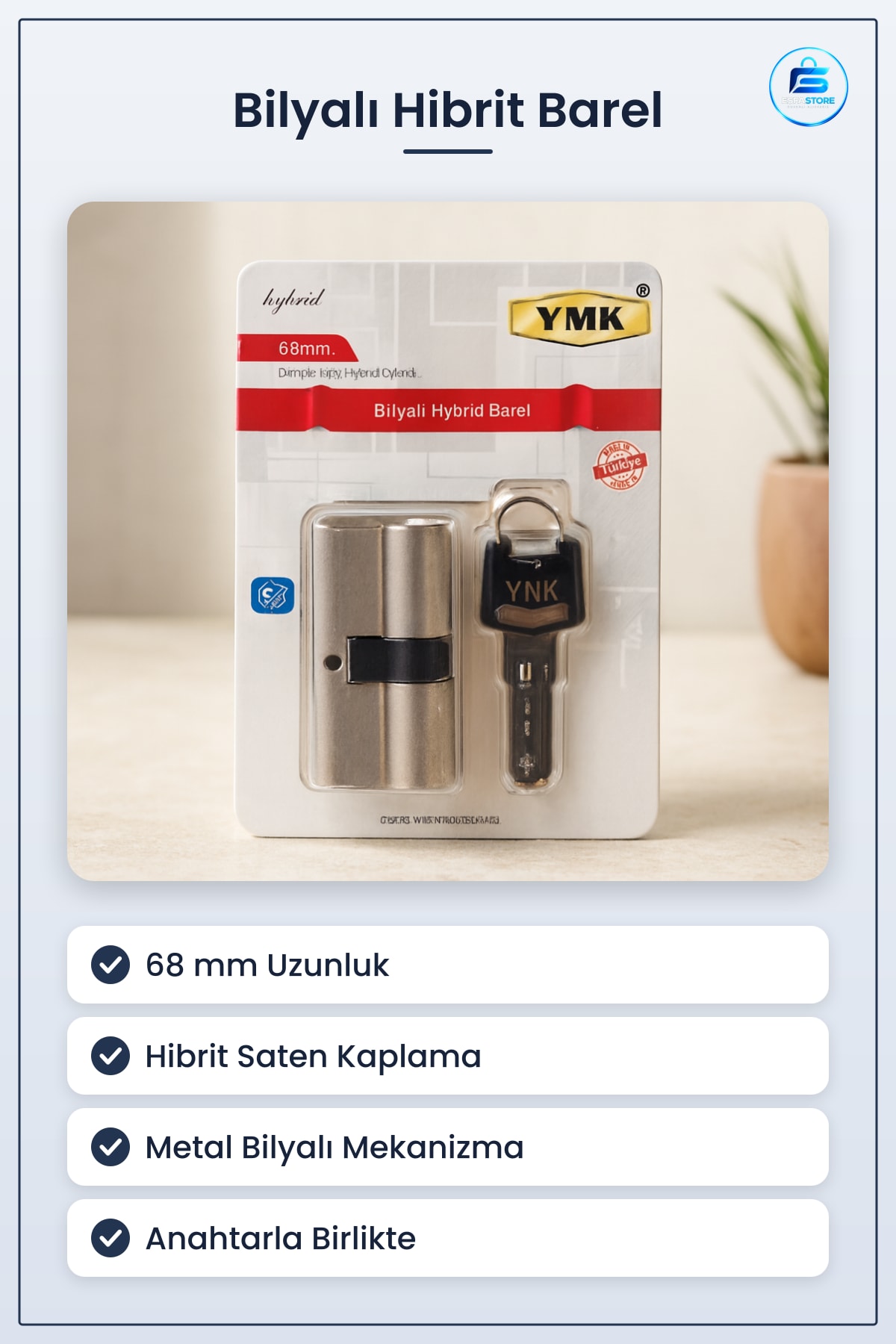 Bilyalı Hibrit Barel 68mm Kapı Hırdavatı Saten Kilit Silindiri Anahtarlı Ev Kullanımı