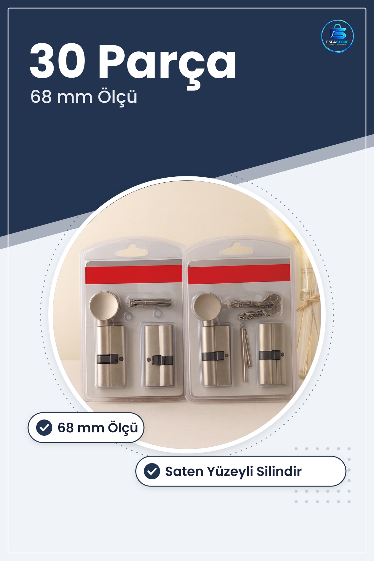 Kapı Kilidi Barel Seti Saten 68mm 30 Parça Bilyalı Hibrit Kilit Silindiri Ev ve İş Yeri İçin