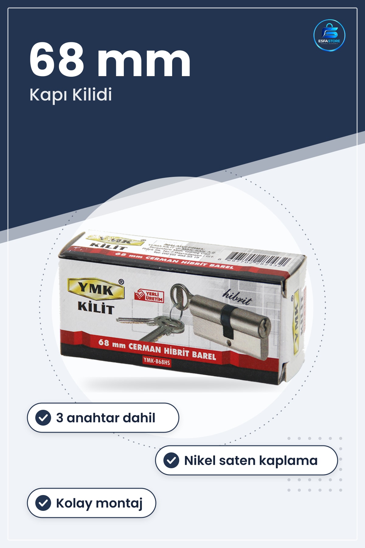 Hibrit Silindir Barel Kilit 68 mm Nikel Saten 3 Anahtar Kapı Güvenlik Değişim Konut İşyeri
