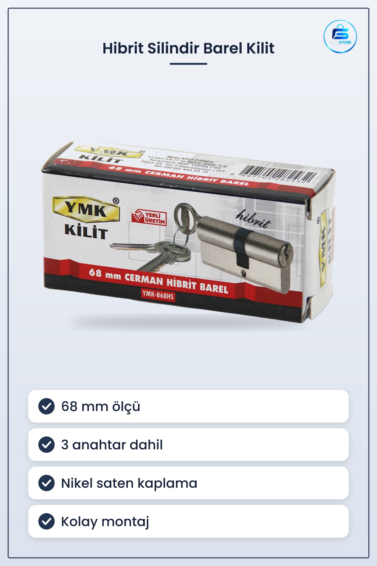 Hibrit Silindir Barel Kilit 68 mm Nikel Saten 3 Anahtar Kapı Güvenlik Değişim Konut İşyeri