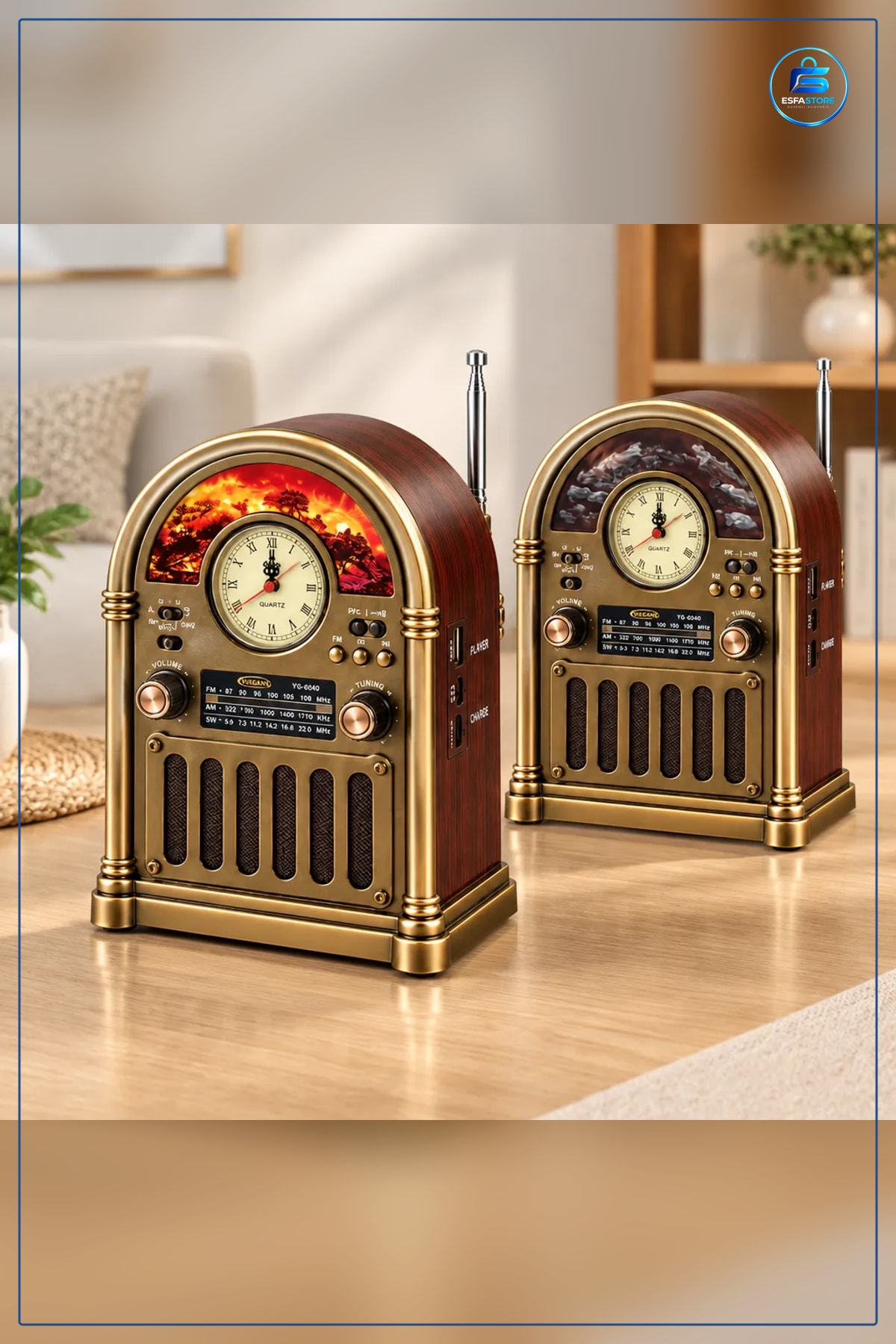 Nostaljik Radyo Saatli Retro Şömine Hoparlör Bluetooth USB Type C FM AM SW TF Kart Şıarjlı