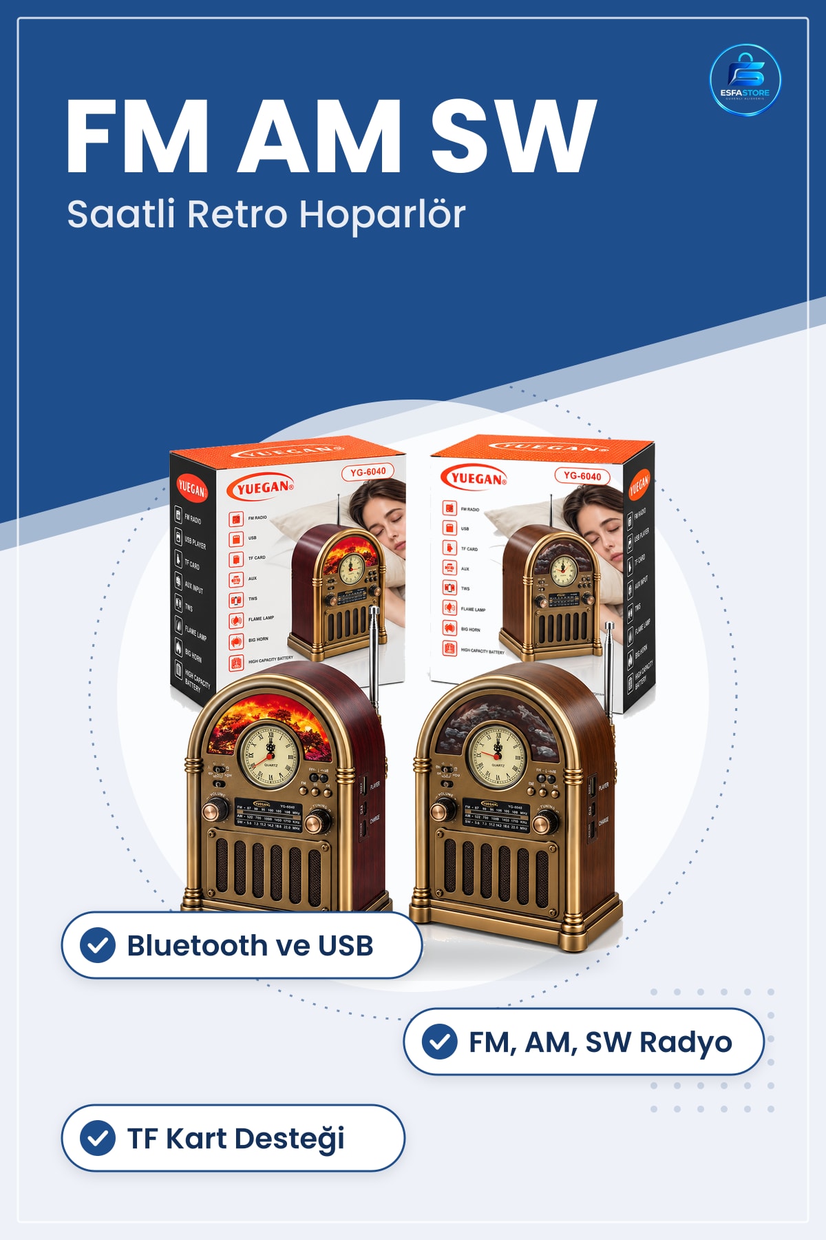 Nostaljik Radyo Saatli Retro Şömine Hoparlör Bluetooth USB Type C FM AM SW TF Kart Şıarjlı