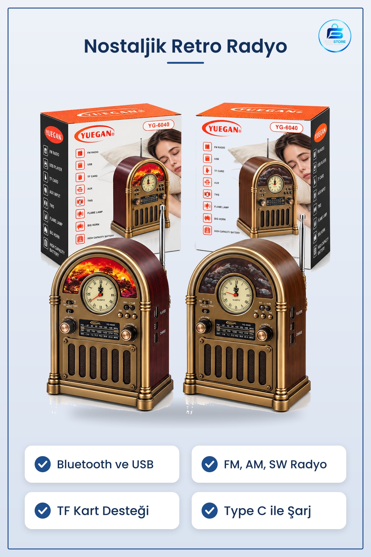 Nostaljik Radyo Saatli Retro Şömine Hoparlör Bluetooth USB Type C FM AM SW TF Kart Şıarjlı