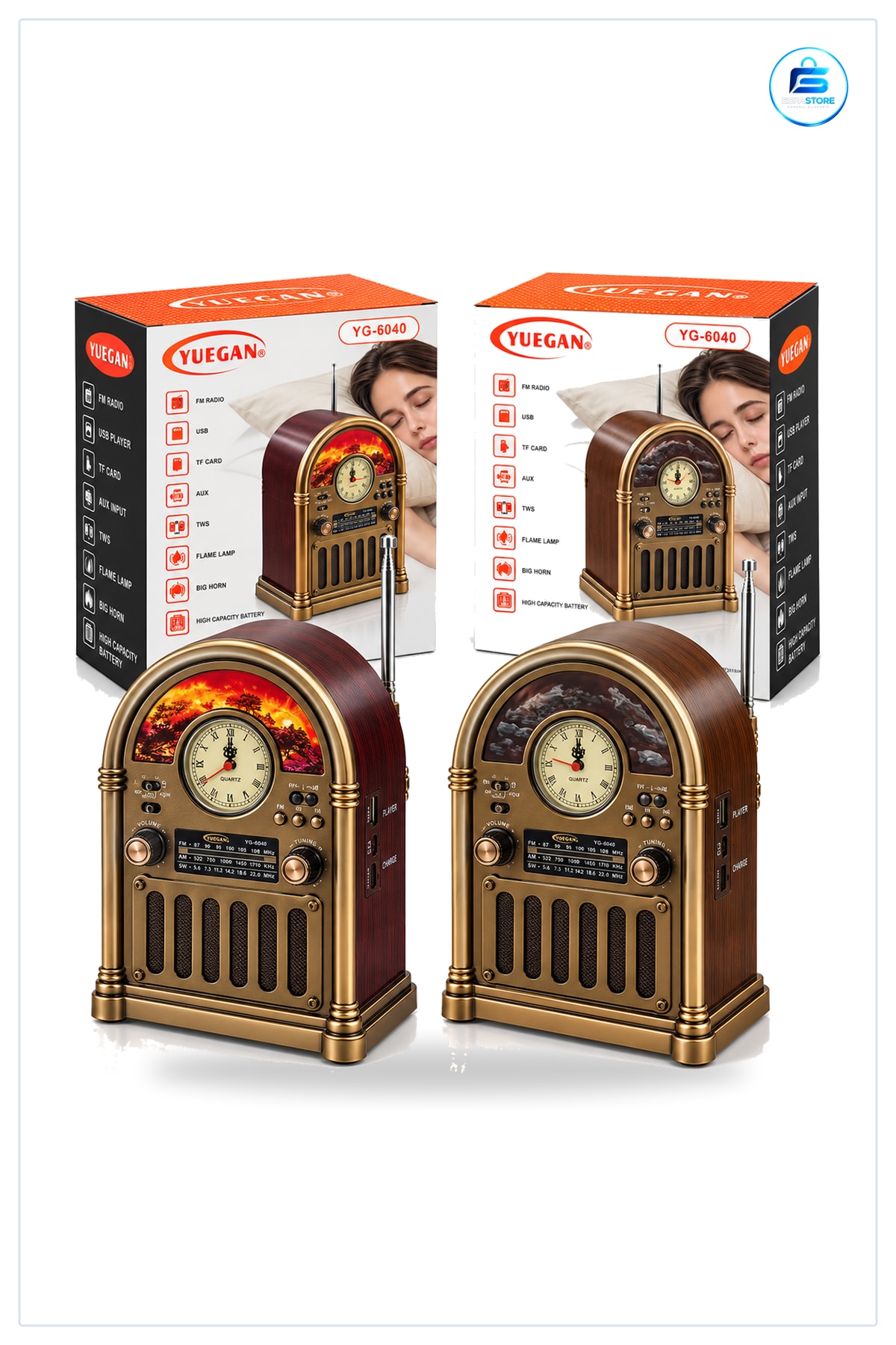 Nostaljik Radyo Saatli Retro Şömine Hoparlör Bluetooth USB Type C FM AM SW TF Kart Şıarjlı