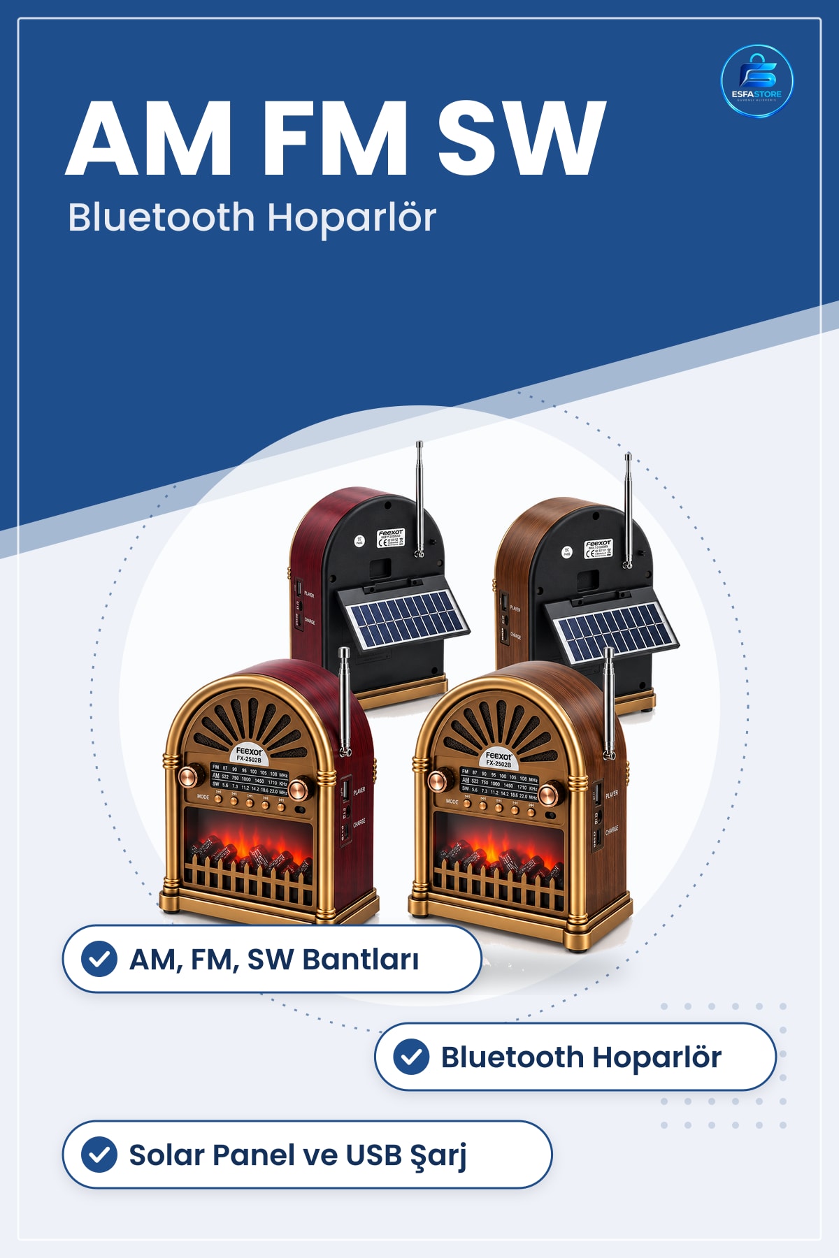 Solar Şarjlı Nostaljik Radyo Bluetooth Hoparlör AM FM SW USB Type C Taşınabilir Retro Dekoratif