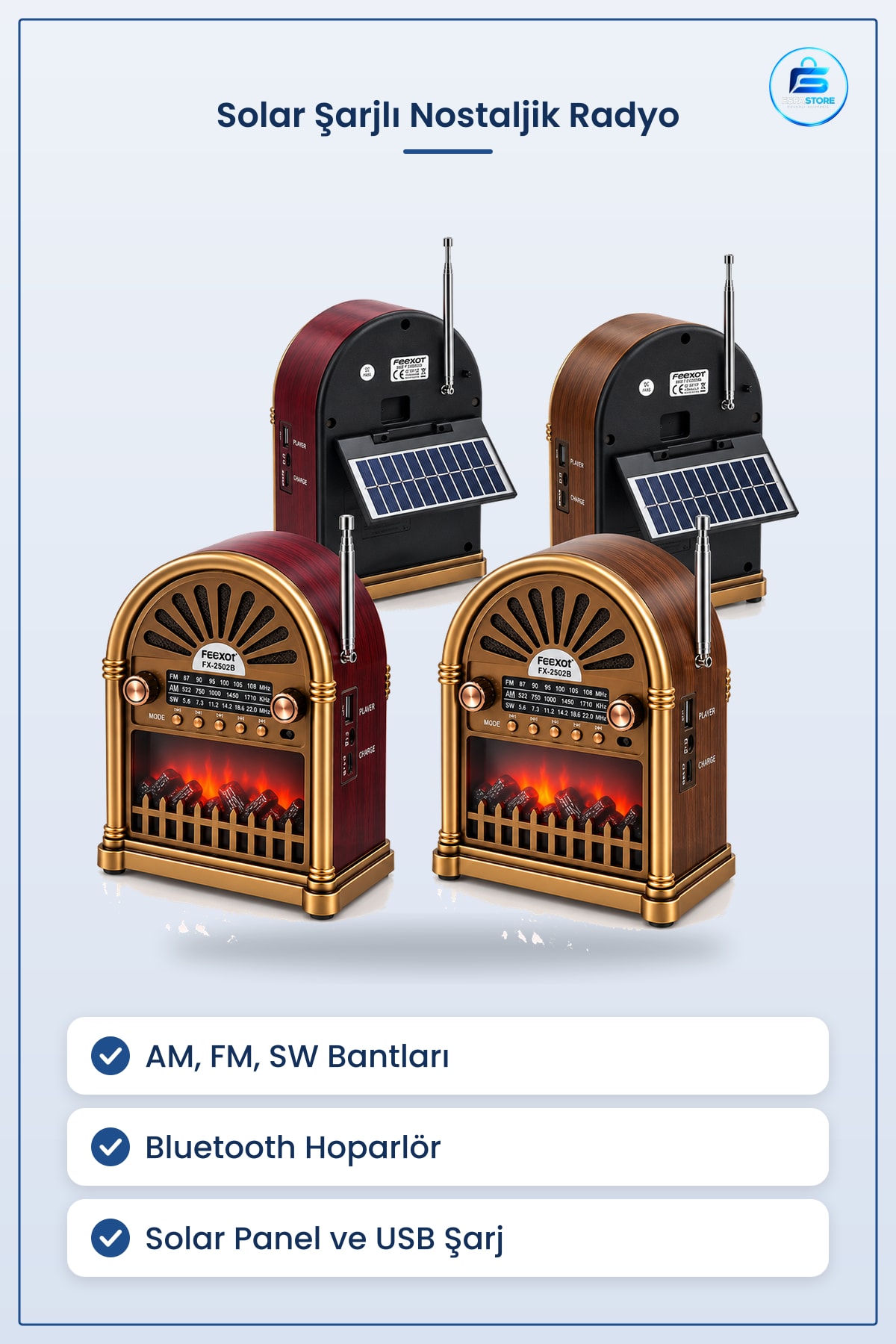 Solar Şarjlı Nostaljik Radyo Bluetooth Hoparlör AM FM SW USB Type C Taşınabilir Retro Dekoratif