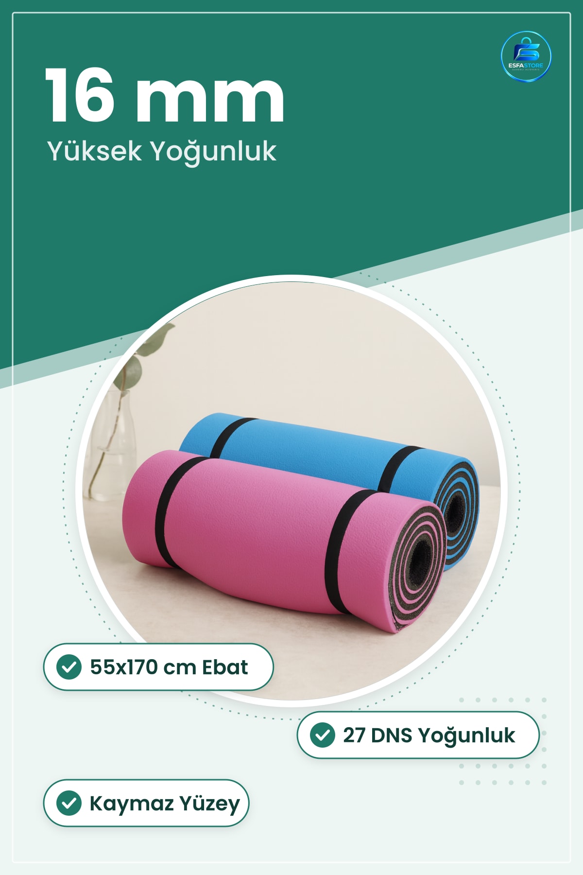 Pilates Yoga Matı 16mm 55x170cm DNS Yüksek Yoğunluk Egzersiz Minderi Kaymaz Kolay Temizlenir