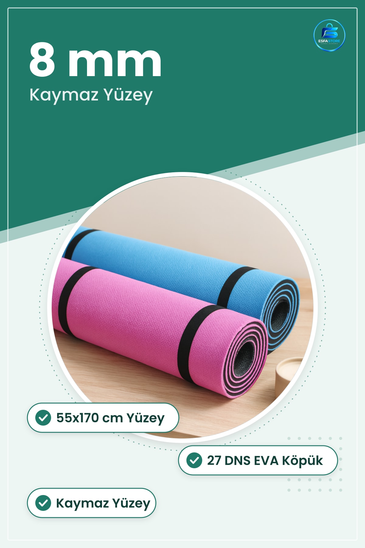 Pilates Yoga Matı 8mm 55x170 cm DNS EVA Köpük Kaymaz Egzersiz Minderi Mat Ev Stüdyo
