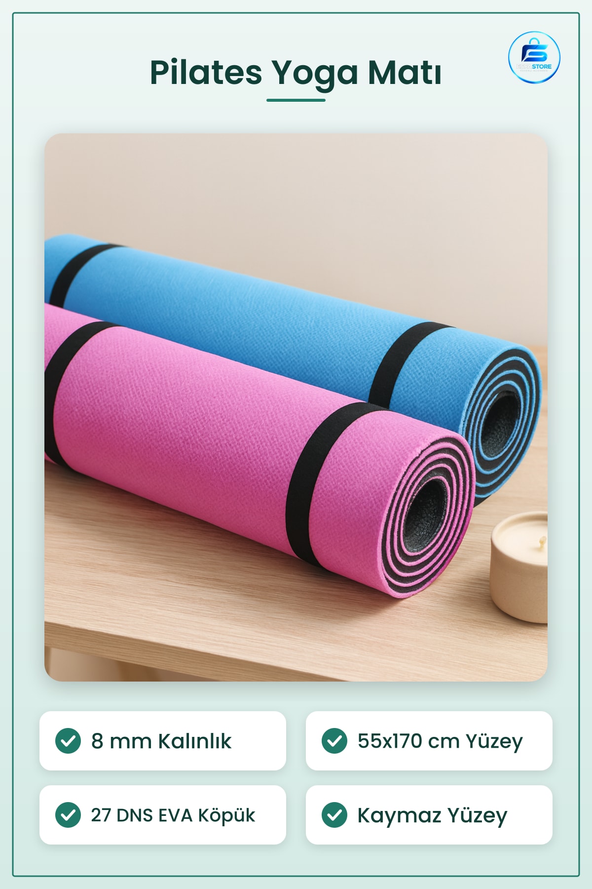 Pilates Yoga Matı 8mm 55x170 cm DNS EVA Köpük Kaymaz Egzersiz Minderi Mat Ev Stüdyo