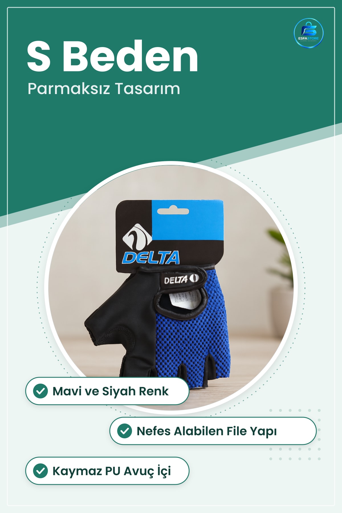 Parmaksız Ağırlık Eldiveni Fileli Nefes Alabilen Kaymaz PU Avuç İçi Fitness S Beden Mavi Siyah