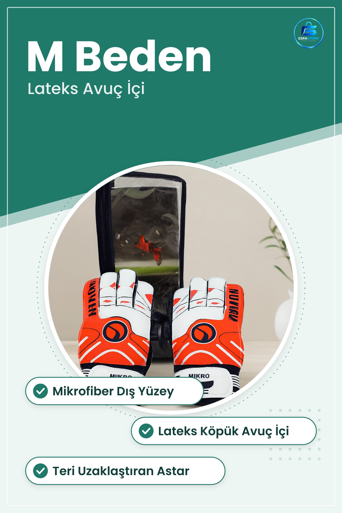 Kaleci Eldiveni M Beden Mikro Lateks Avuç İçi Tutuşlu Futbol Antrenman Maç Mikrofiber Dış Yüzey