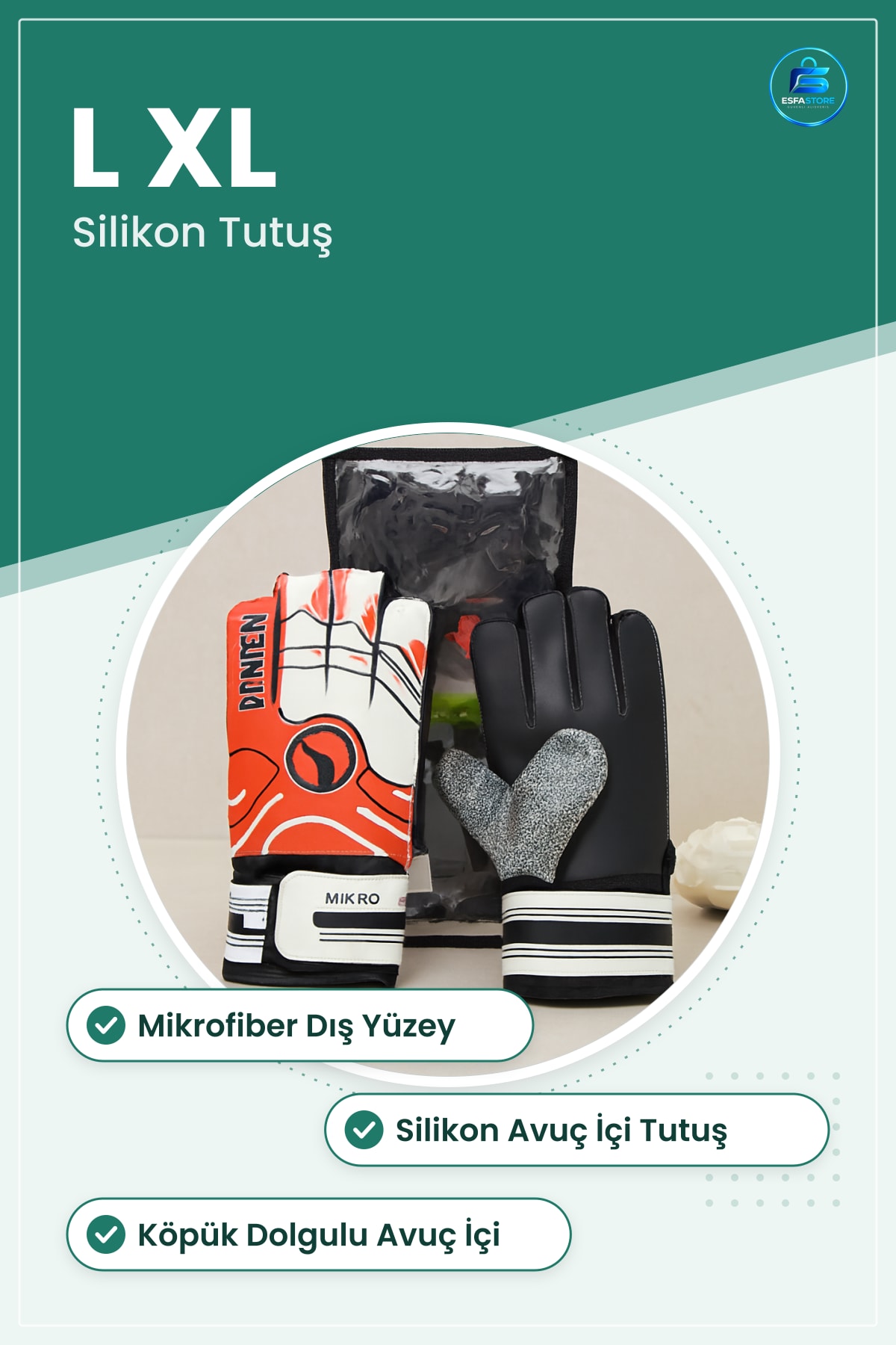 Kaleci Eldiveni Mikrofiber L XL Silikon Avuç İçi Tutuşlu Futbol Maç ve Antrenman Koruyucu