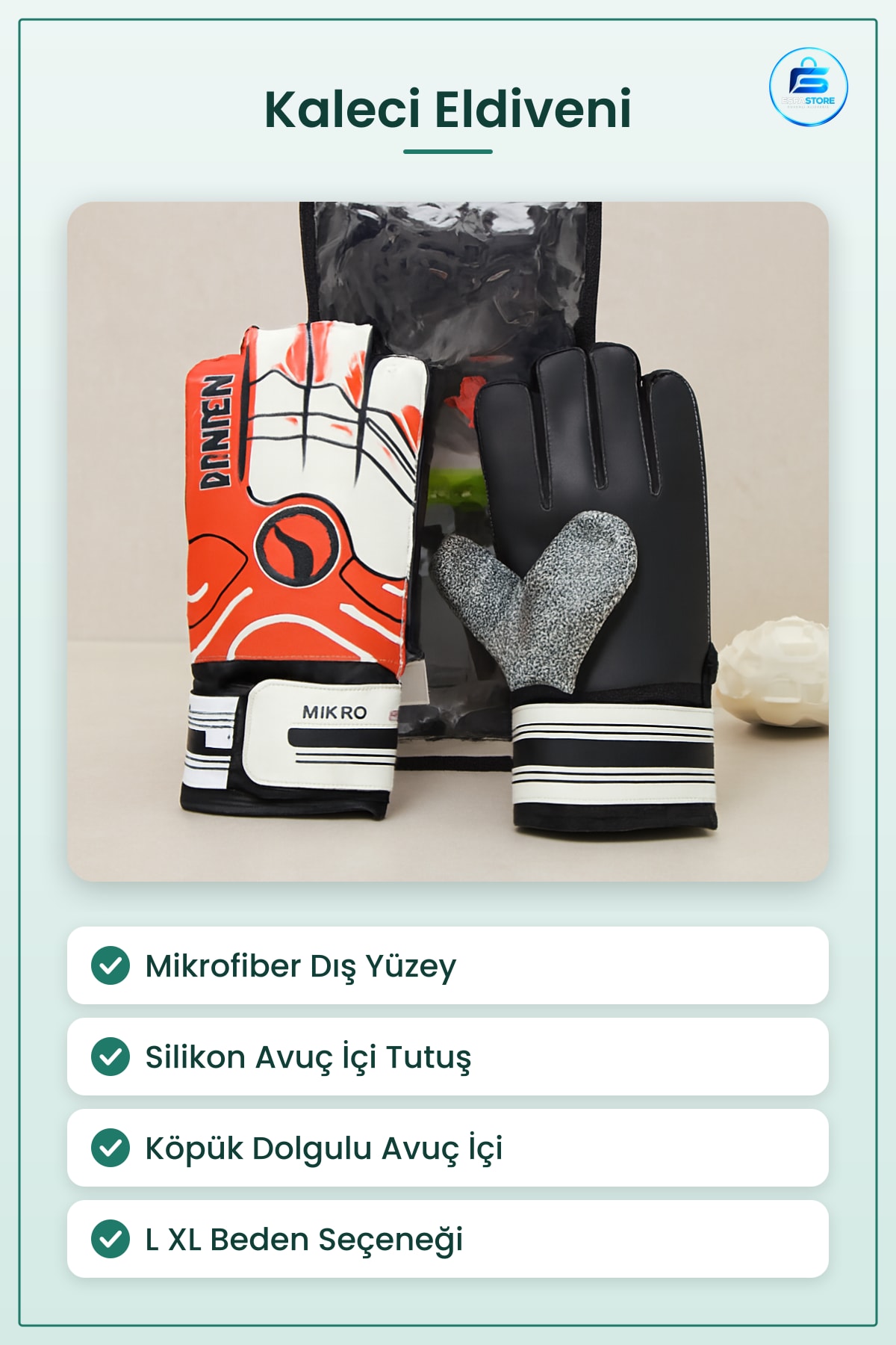 Kaleci Eldiveni Mikrofiber L XL Silikon Avuç İçi Tutuşlu Futbol Maç ve Antrenman Koruyucu