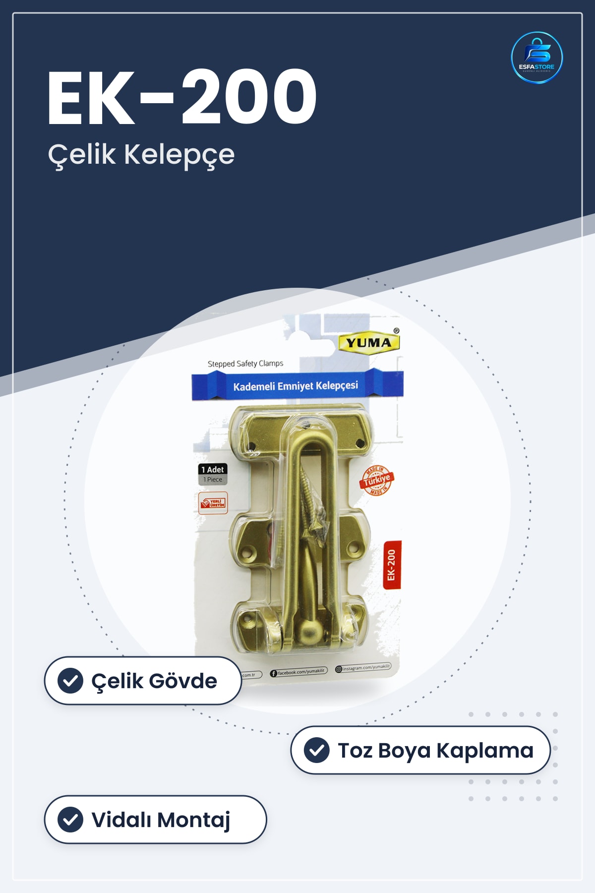 Kademeli Emniyet Kelepçesi EK- Sarı Çelik Kapı Hırdavatı Ev ve İş Yeri Güvenlik Aparatı