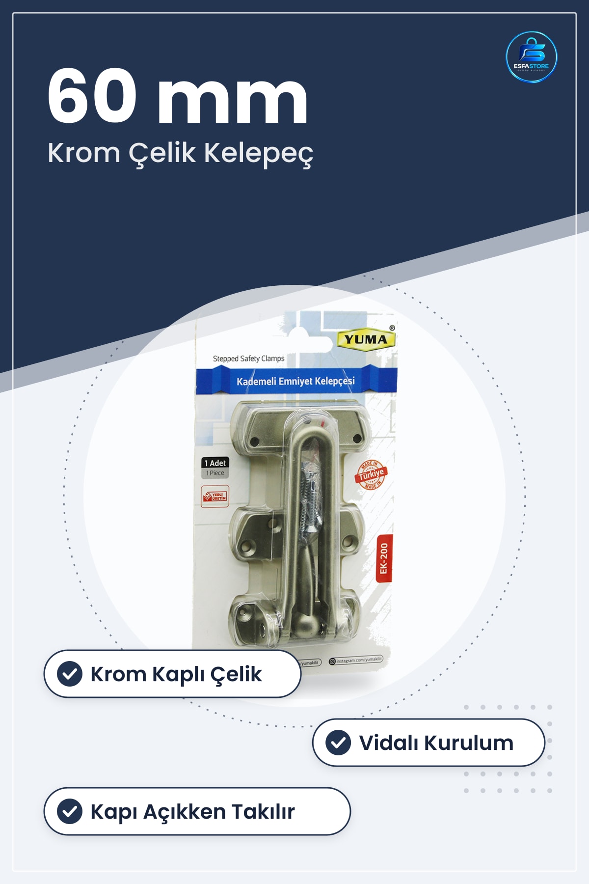 Kademeli Emniyet Kelepçesi Krom Çelik 60 mm Kapı Hırdavatı Ev İşyeri Güvenlik Bariyeri